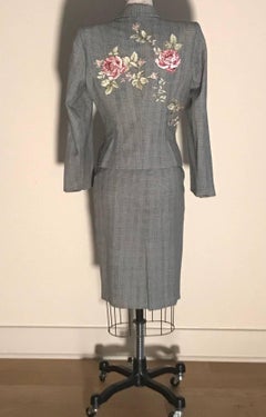 Alexander McQueen Black and White Plaid Embroidered Rose Skirt Suit, 1990s