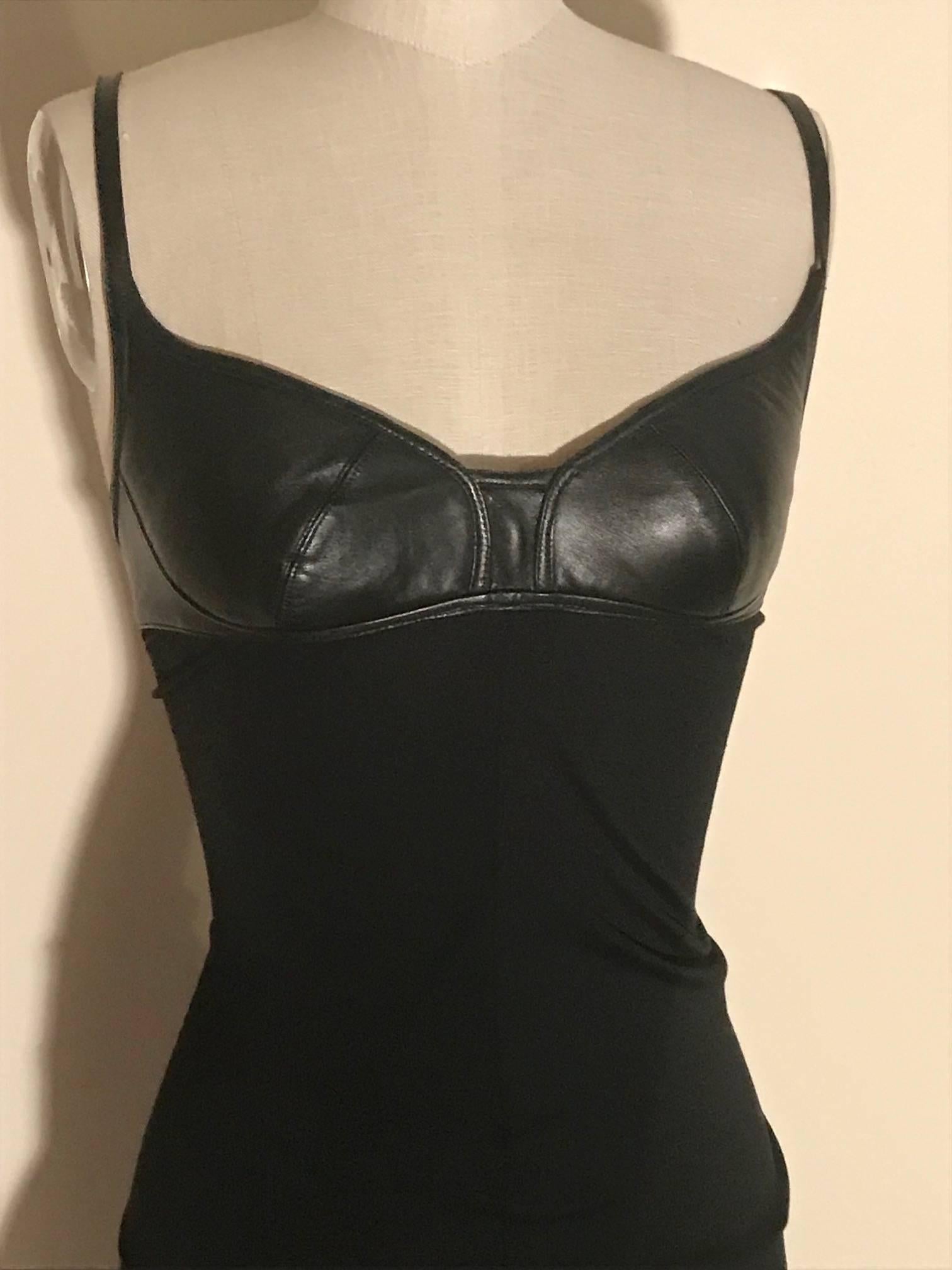 Alexander McQueen Leather Detail Black Jersey Midi Dress, 2003   In Excellent Condition In San Francisco, CA