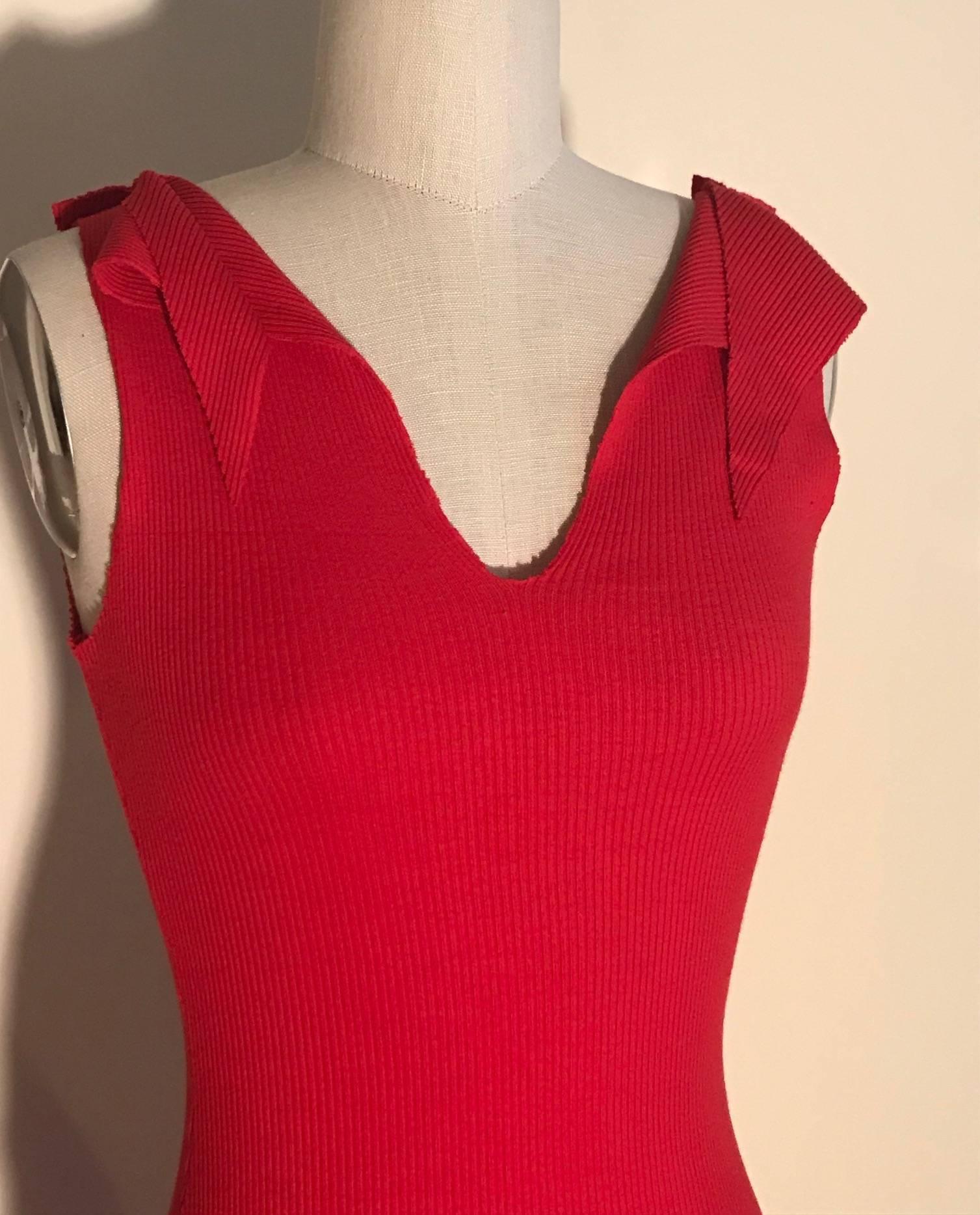 Patrick Kelly Red Rib Knit Raw Edged Backless Body-Con Maxi Dress, 1980s  In Excellent Condition In San Francisco, CA