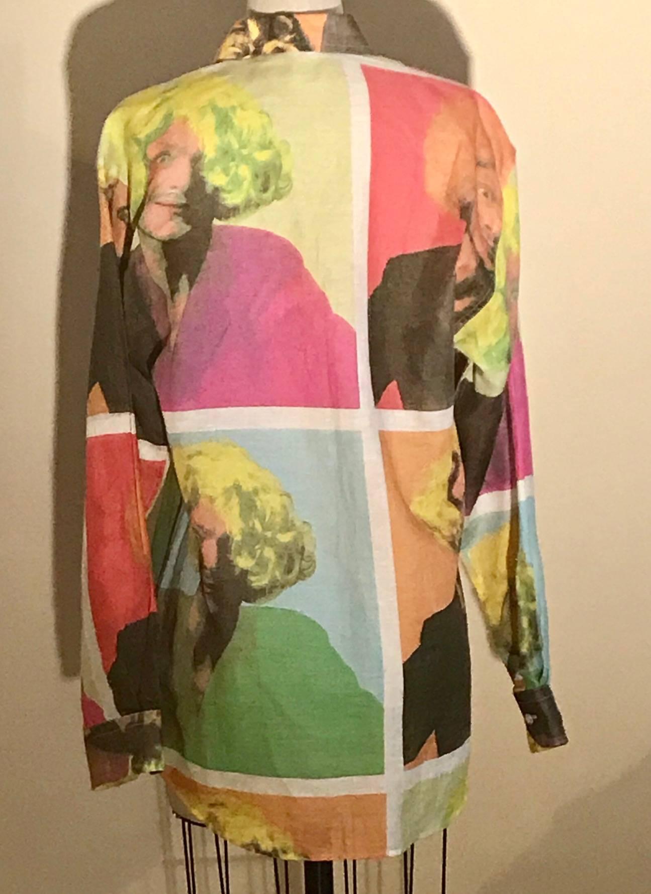 Moschino Cheap & Chic vintage 1990s button up collared shirt in 'It's Fun to Be Bananas' print, featuring a photo portrait of Franco Moschino wearing a silly yellow wig, printed in multicolored repetition a la Warhol. 

52% linen, 48% cotton.

Men's
