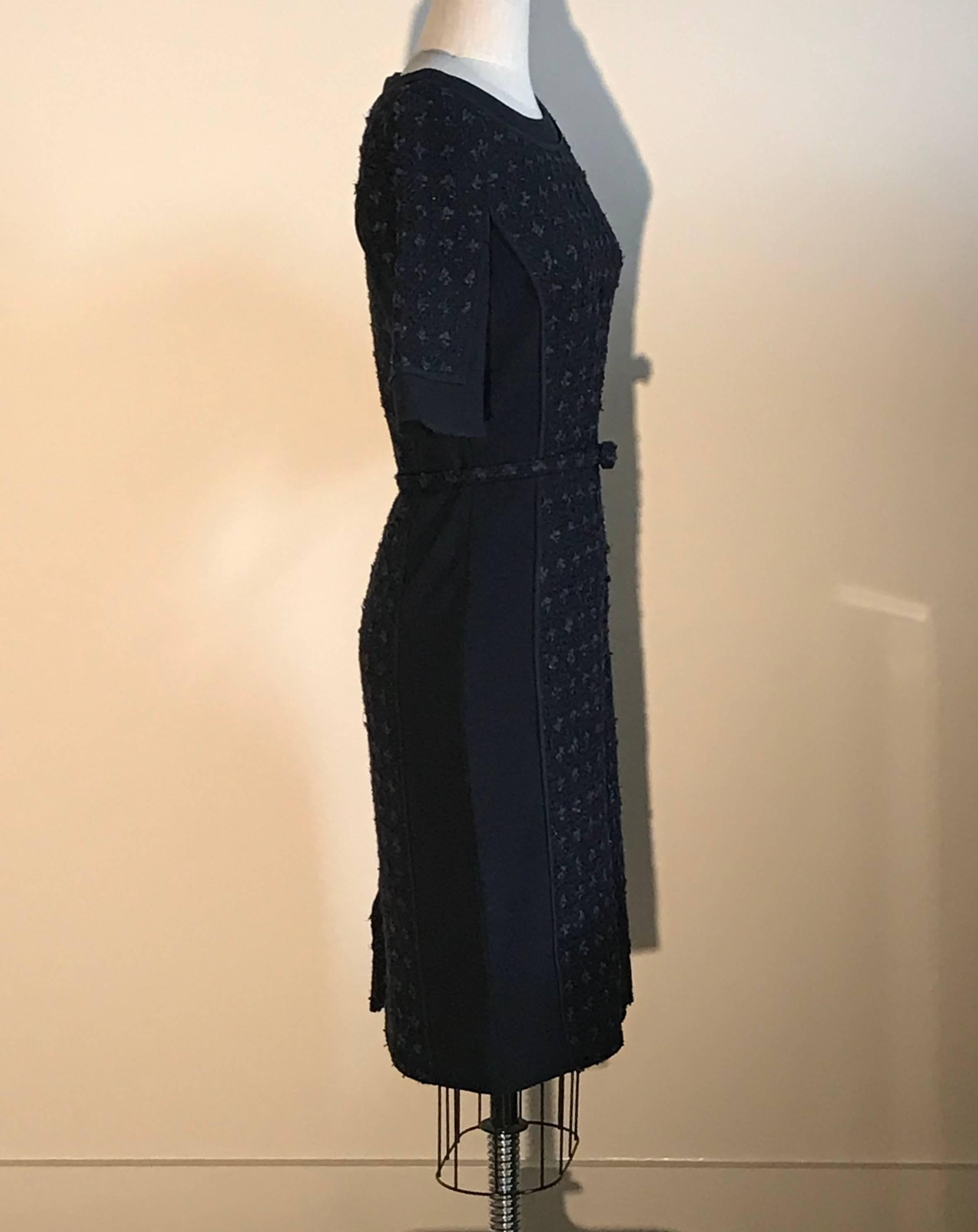 Black Oscar de la Renta Navy Blue Tweed Front Belted Dress with Metallic Accents
