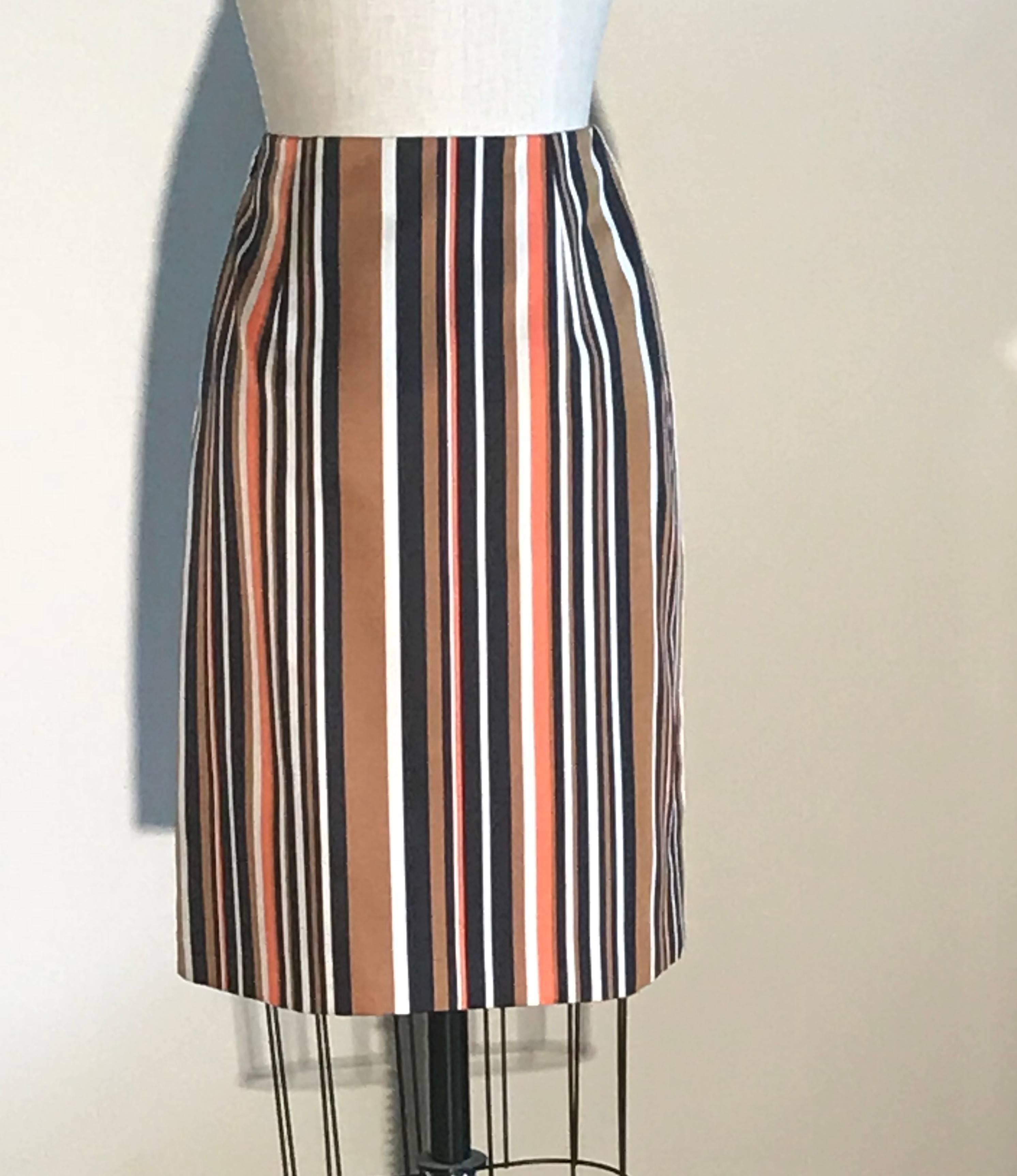 Prada Orange and Brown Stripe Wool Silk Pencil Skirt  In Excellent Condition In San Francisco, CA