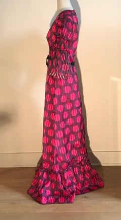 Sarmi 1960s Pink and Brown Polkadot Stripe Dress with Puffed Sleeve Detail