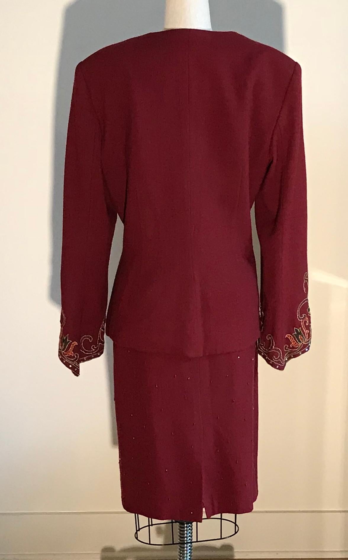 Pierre Balmain 1980s Cranberry Red Beaded Embroidered Sleeve Jacket Skirt Suit  In Fair Condition In San Francisco, CA