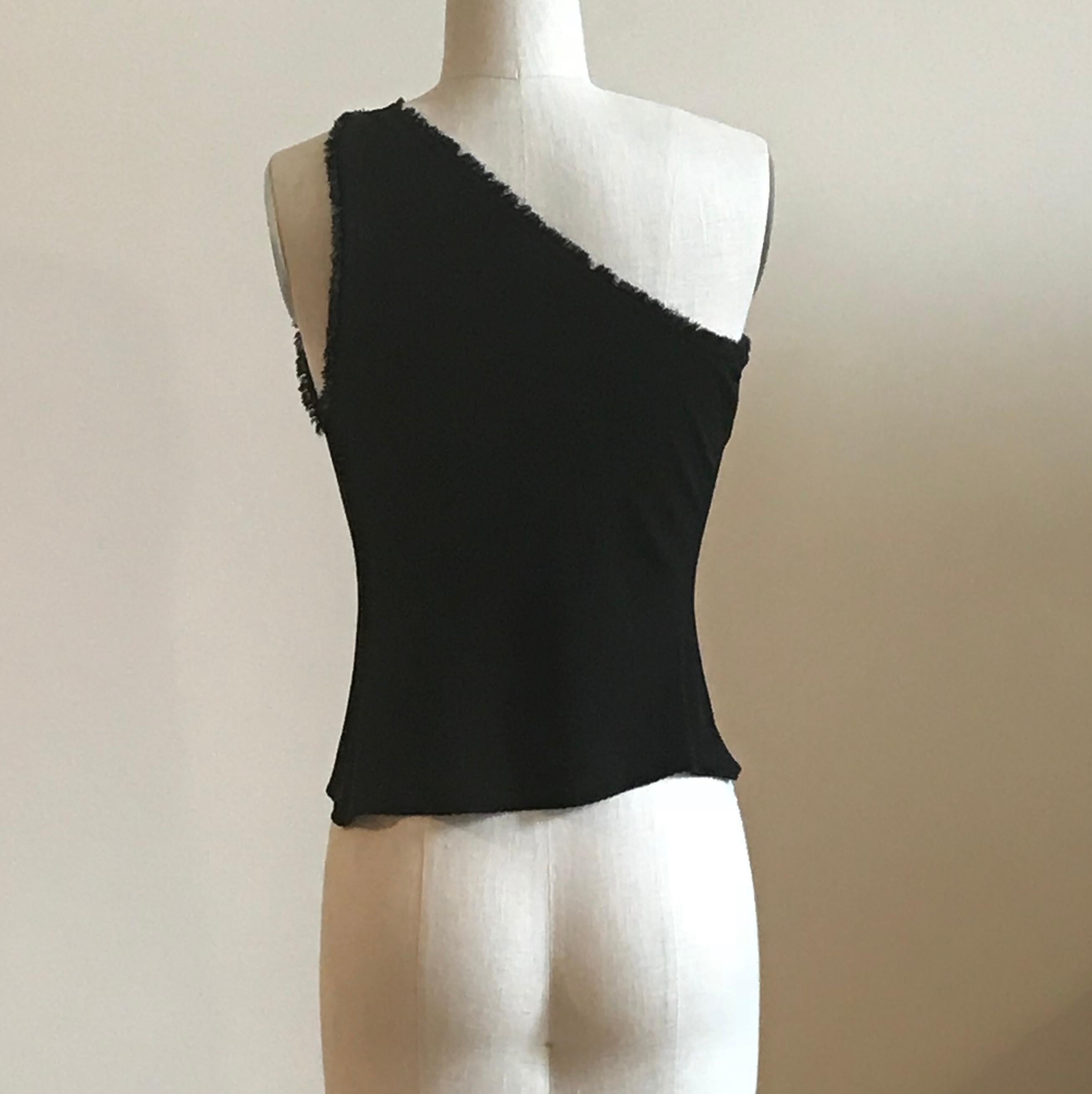 Women's Stephen Burrows 1970s Black One Shoulder Jersey Top with Lettuce Edge