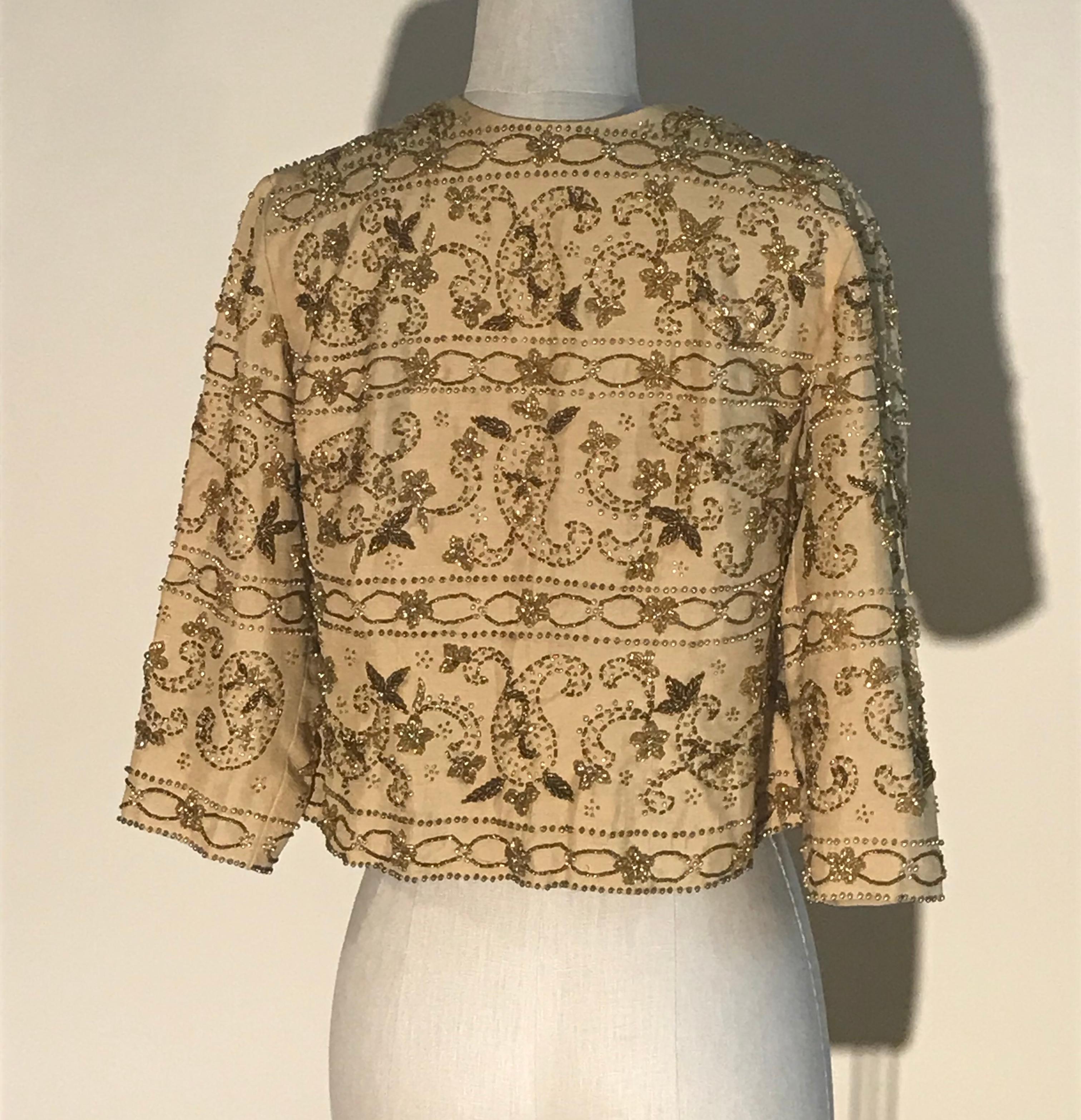 Marrone Giacca cropped vintage anni '60 con perline oro e tinta unita in vendita