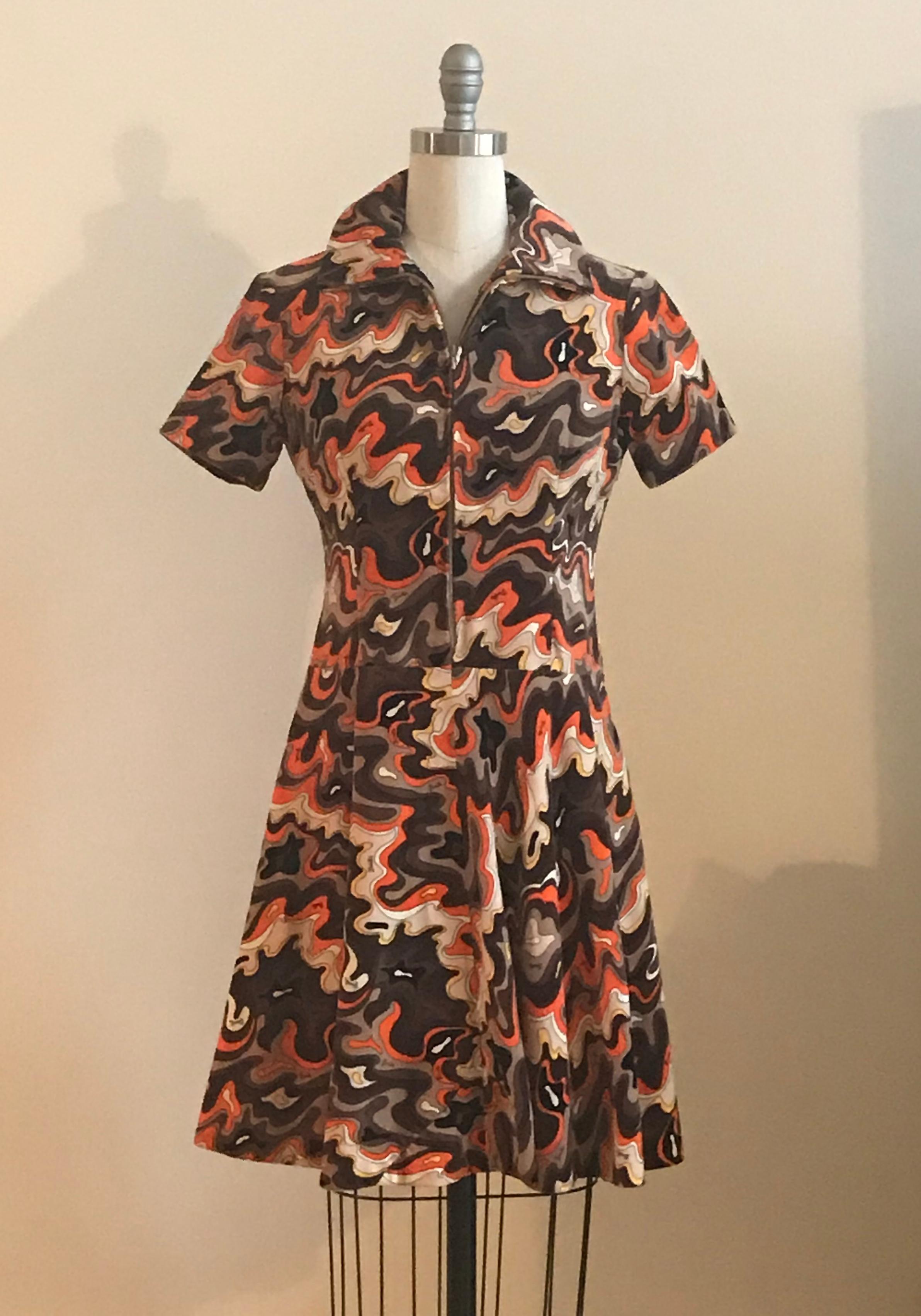 Emilio Pucci 1960s Orange and Brown Squiggle Print Velvet Zip Front Dress  In Good Condition In San Francisco, CA