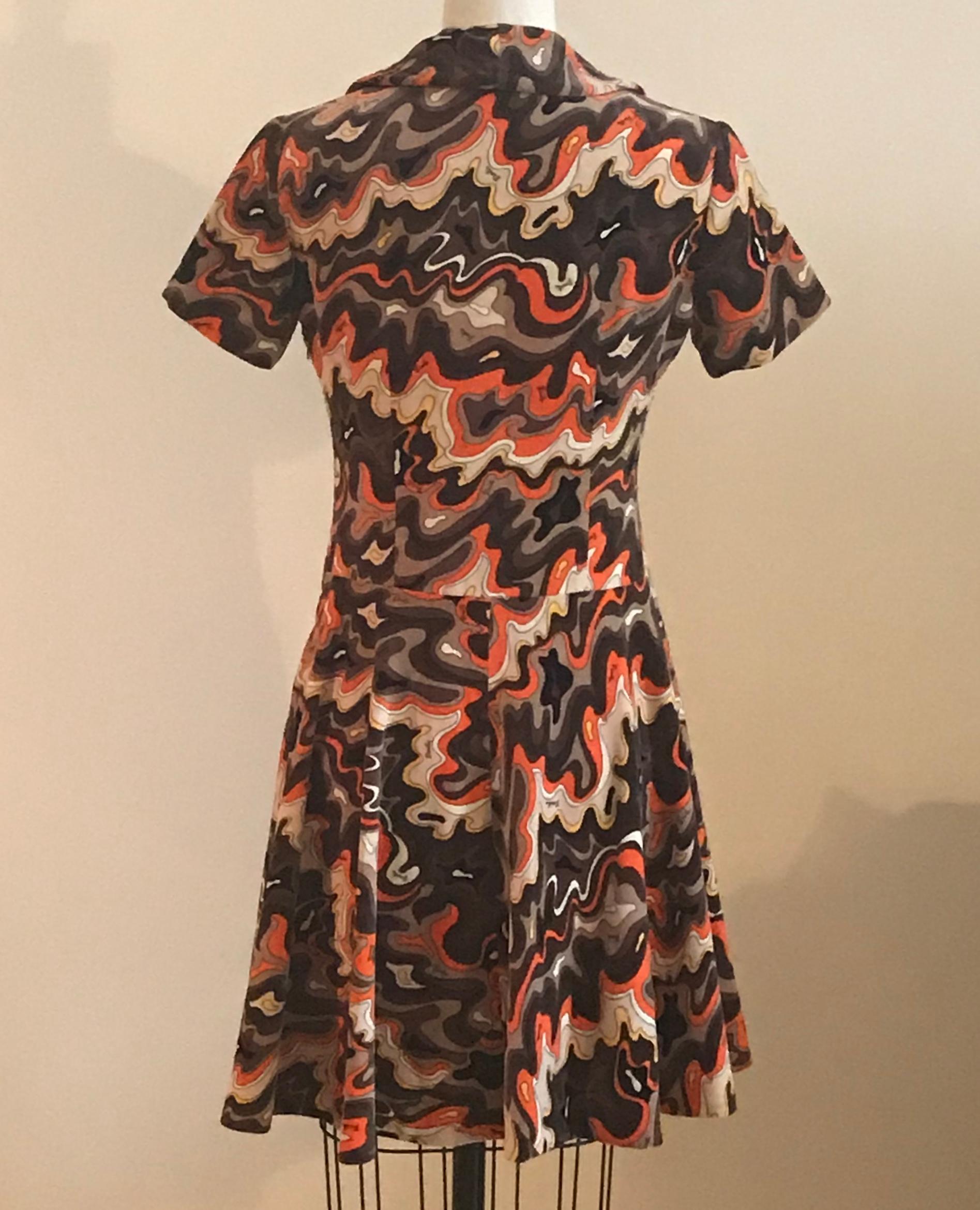Emilio Pucci 1960s Orange and Brown Squiggle Print Velvet Zip Front Dress  1