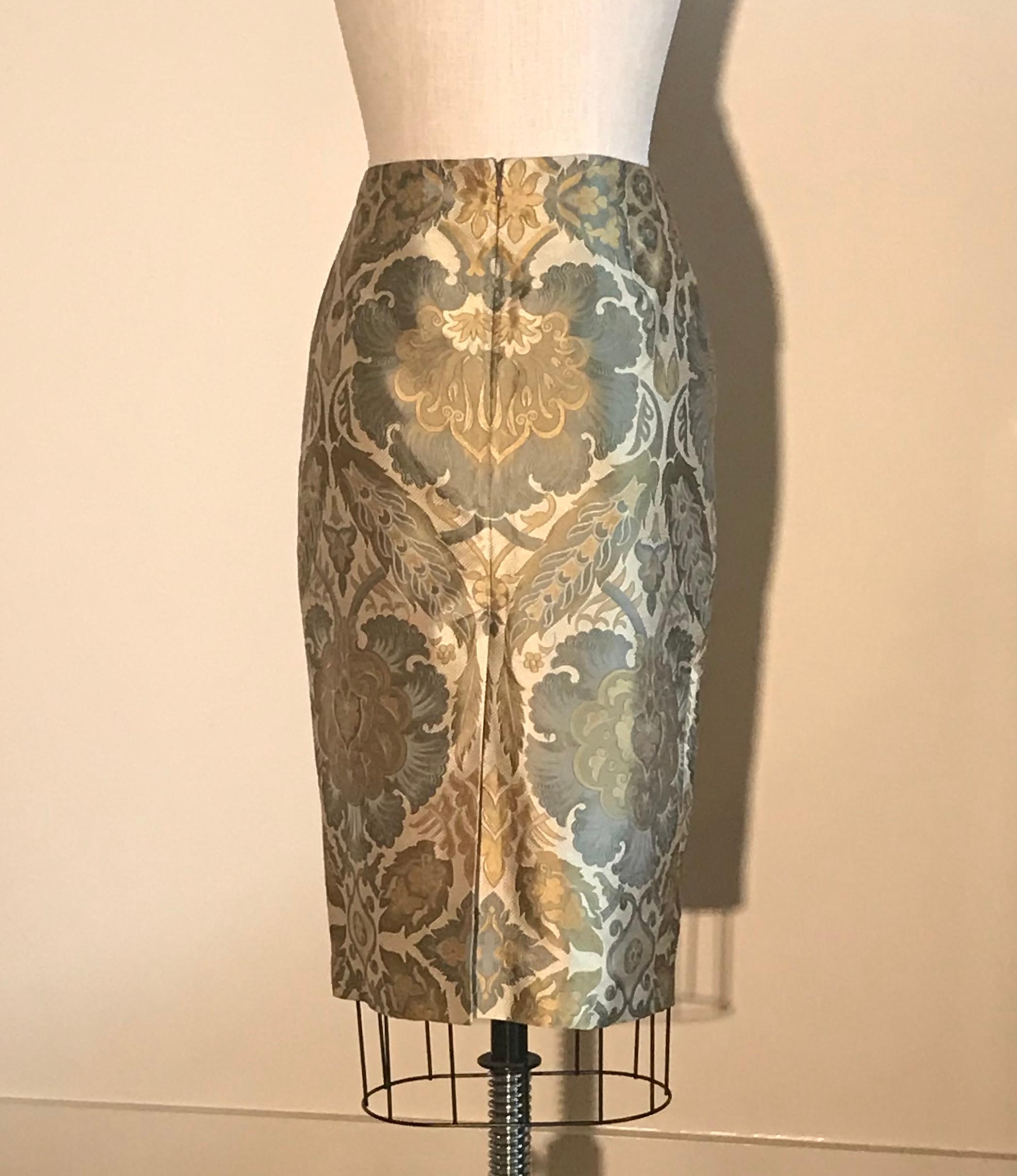 Alexander McQueen 2006 Cream Green and Yellow Jacquard Pencil Skirt  In Excellent Condition In San Francisco, CA