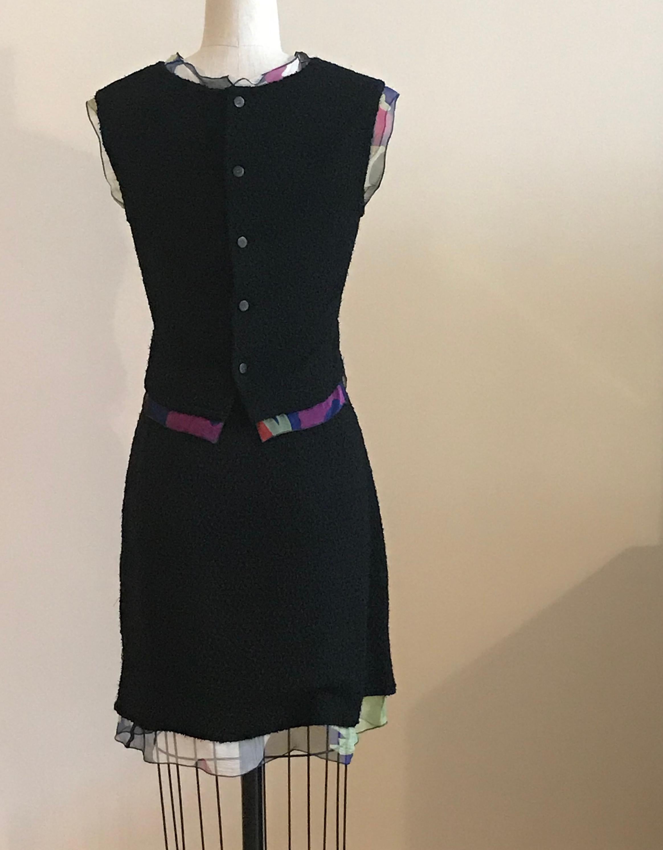 Chanel 2000 Black Boucle Three Piece Suit with Floral Multicolor Chiffon  Trim  In Excellent Condition For Sale In San Francisco, CA