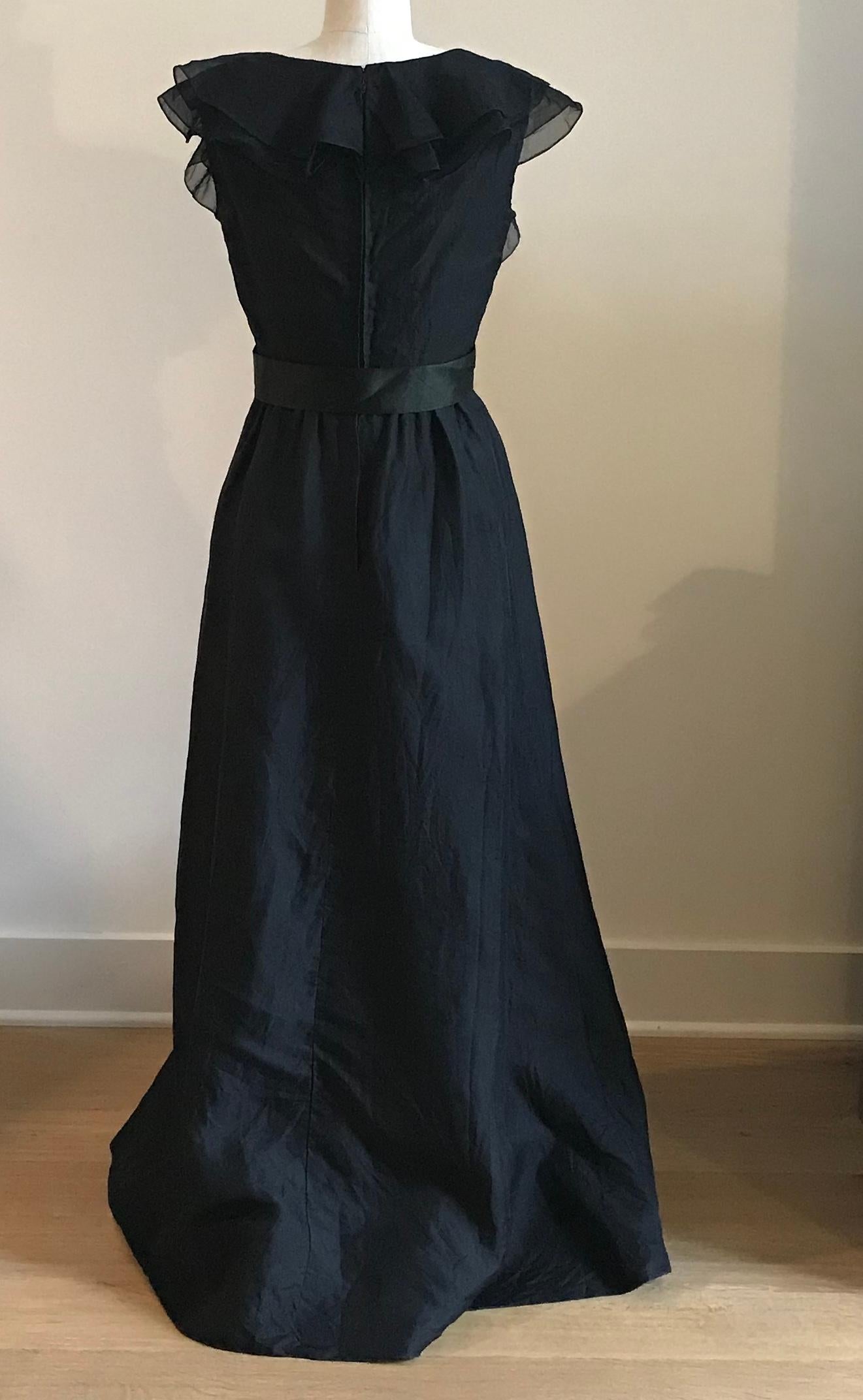 Women's 1960s Ferdinando Sarmi Black Maxi Length Ruffle Neck Dress with Ribbon Belt