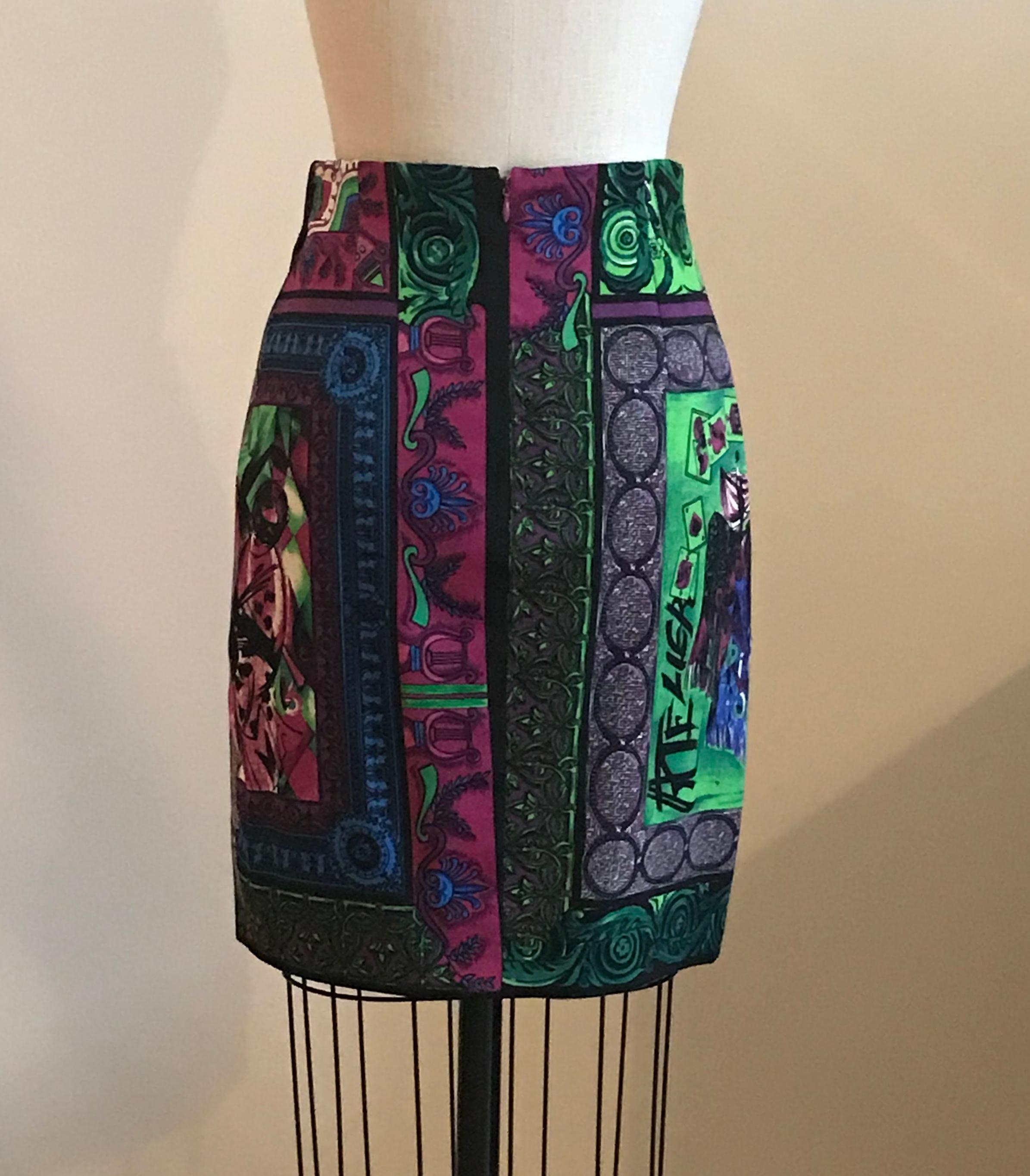 Gianni Versace Vintage 1990s Multicolor Atelier Masquerade Print Skirt  In Excellent Condition For Sale In San Francisco, CA