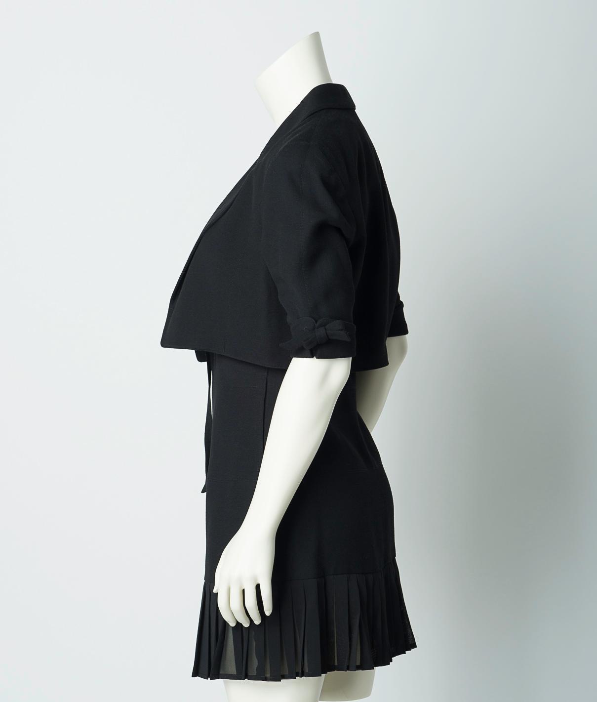 Women's Claude Montana 1980s Black Skirt Suit Mini Dress and Cropped Jacket