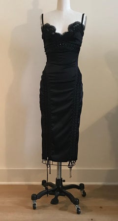 Dolce & Gabbana Black Satin Lace Up Midi Dress with Lace Trim