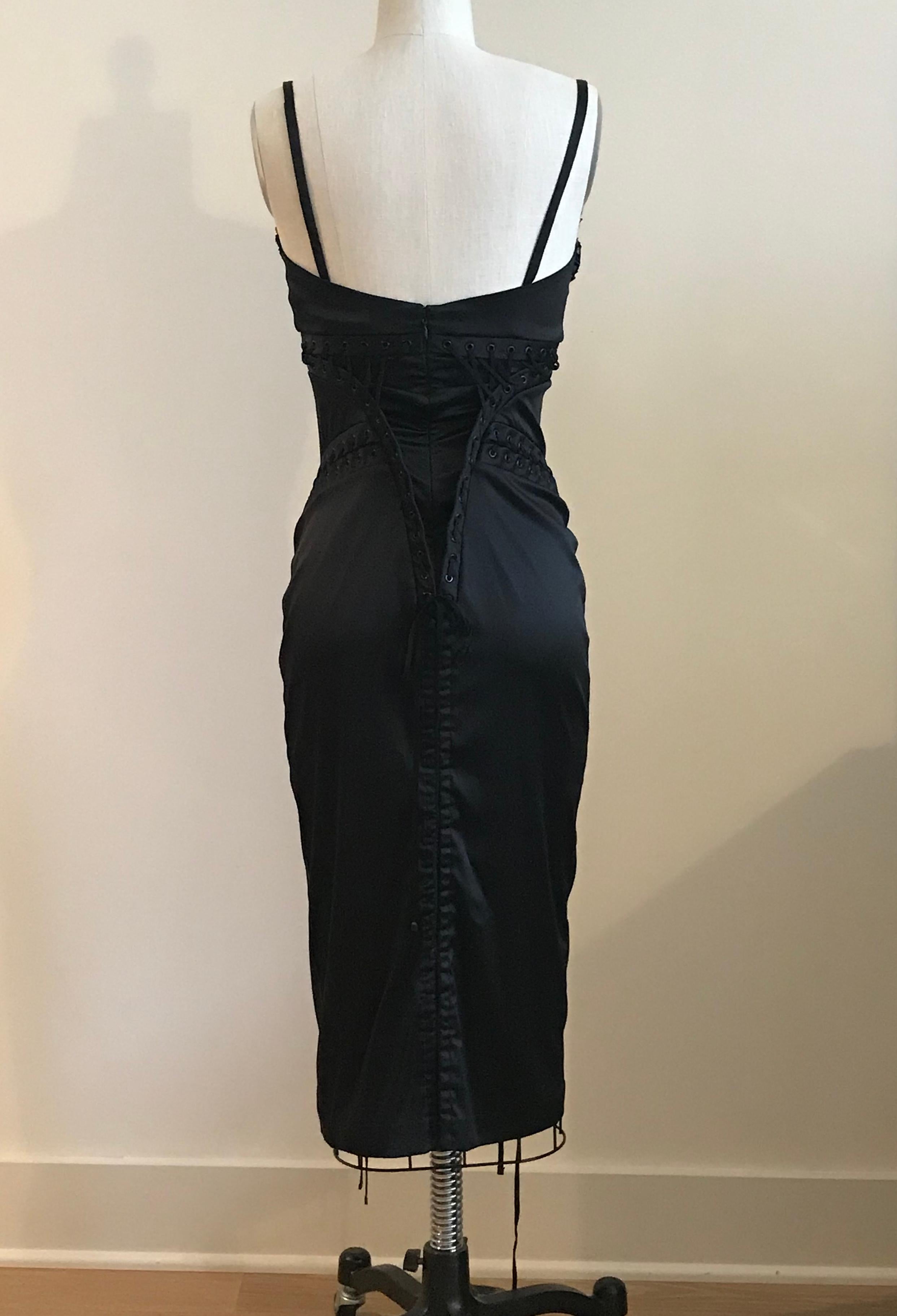 Dolce & Gabbana Black Satin Lace Up Midi Dress with Lace Trim In Excellent Condition In San Francisco, CA