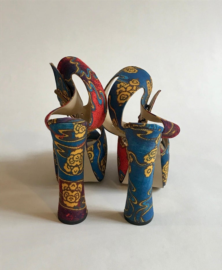 Vivienne Westwood Tea Garden Print Blue Gold and Red Platform Sandals