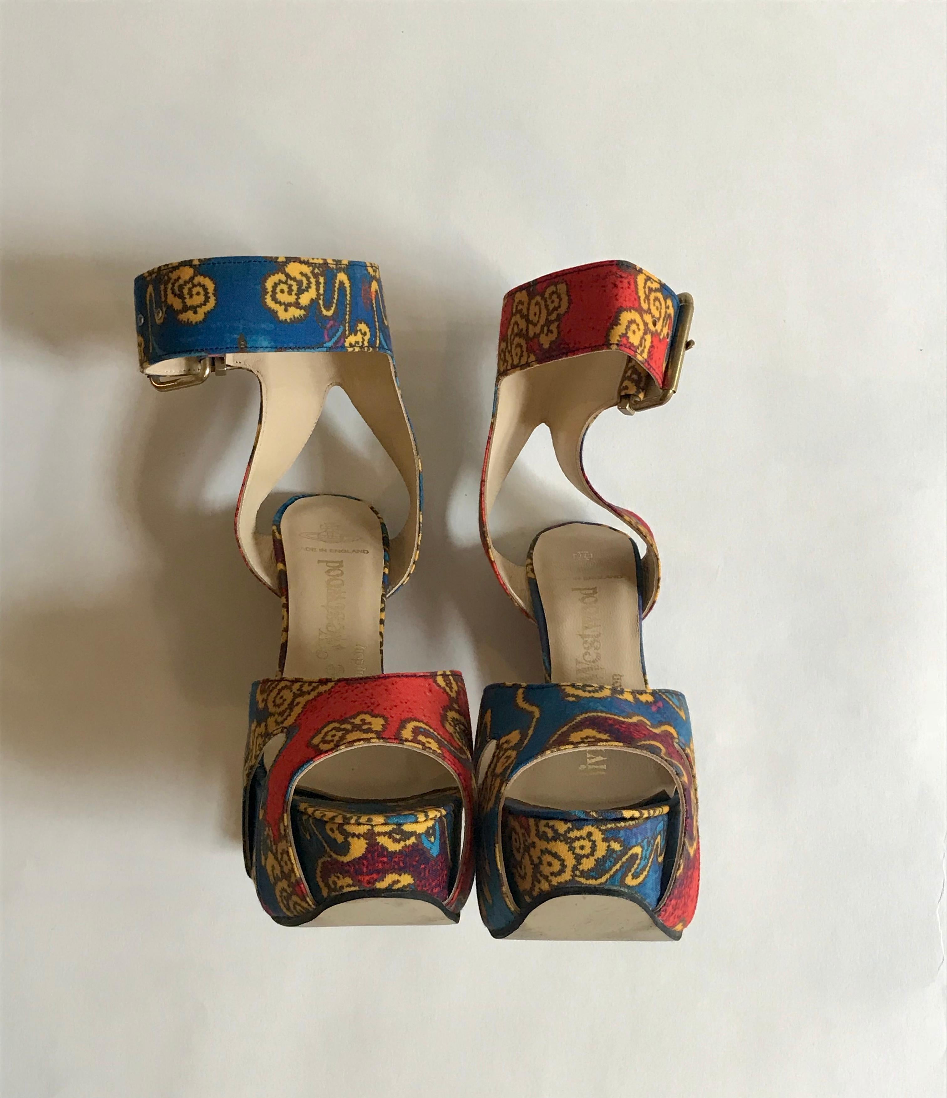 Black Vivienne Westwood Tea Garden Print Blue Gold and Red Platform Sandals 