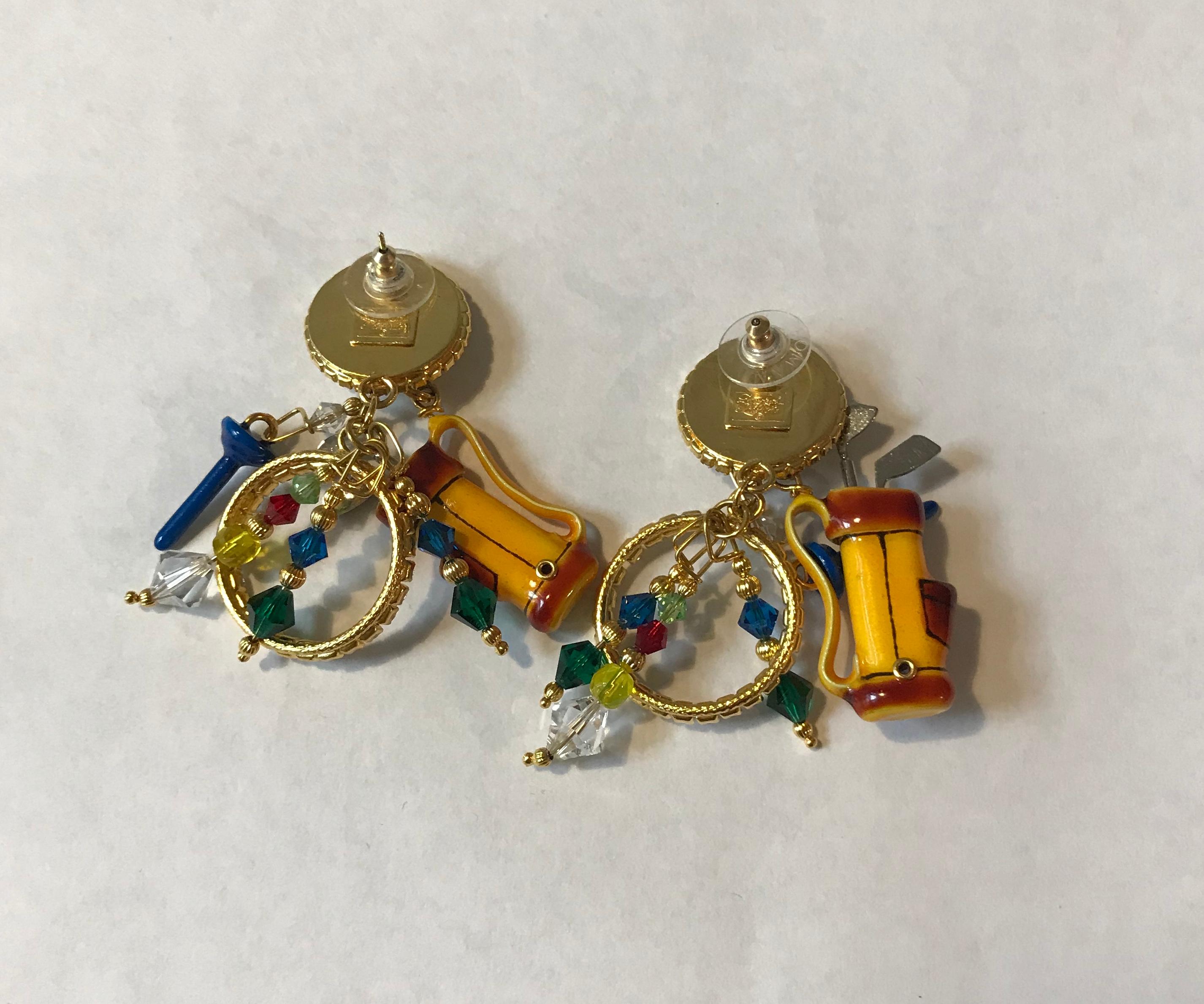 Lunch at the Ritz Golf Gold and Enamel Charm Earrings with Rhinestones 1990s In Excellent Condition For Sale In San Francisco, CA