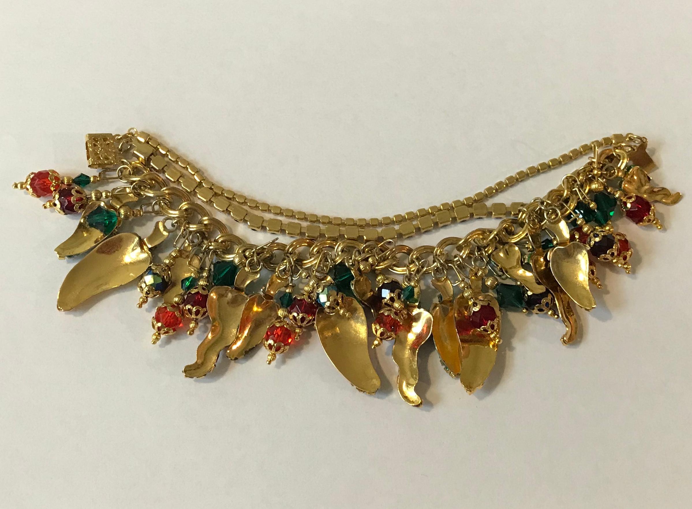 Lunch at the Ritz 1990s Goldtone Peppers Bracelet Green Red Yellow Rhinestone 1