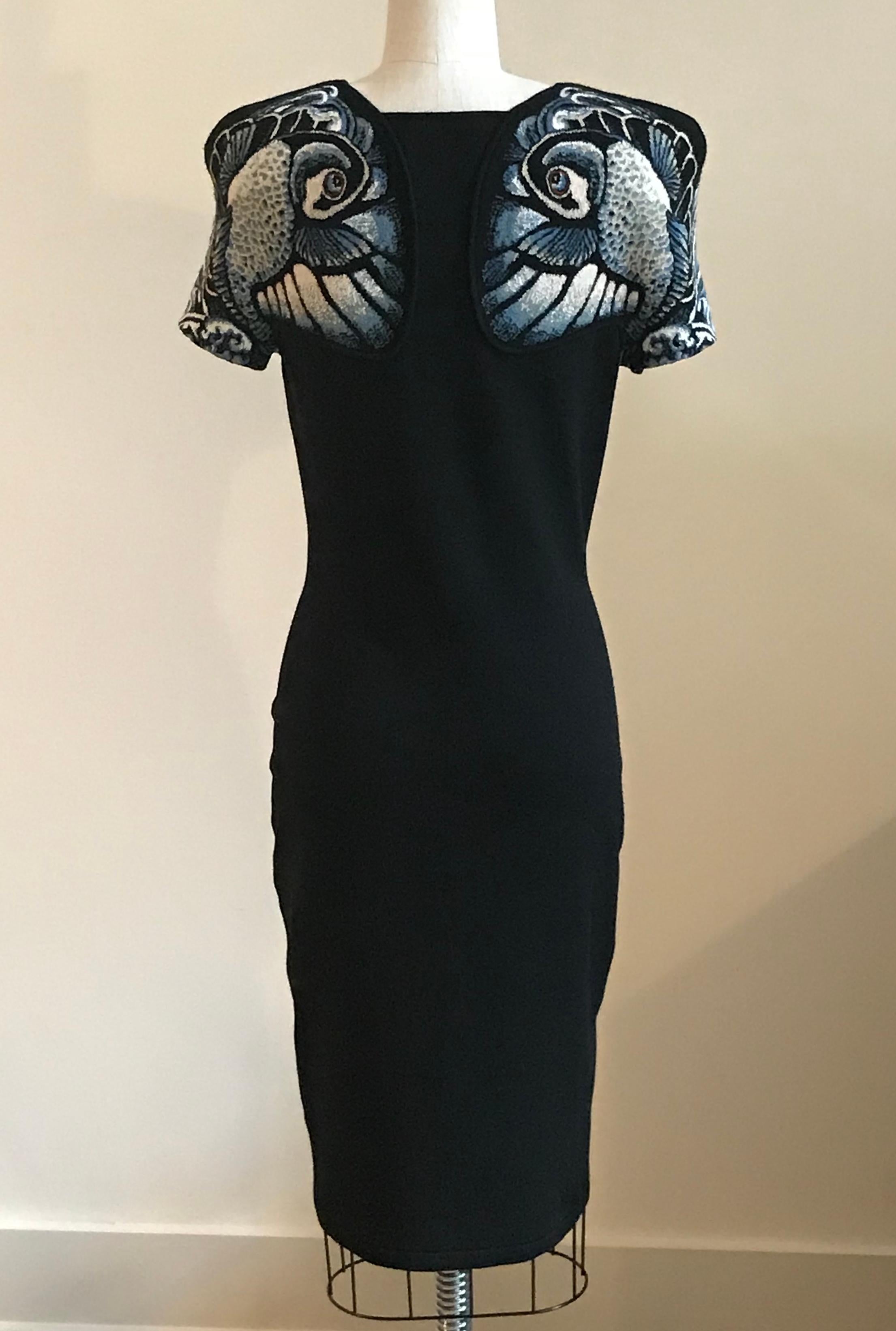 Alexander McQueen Blue Koi Fish Intarsia Inset Knit Black Dress In Excellent Condition In San Francisco, CA