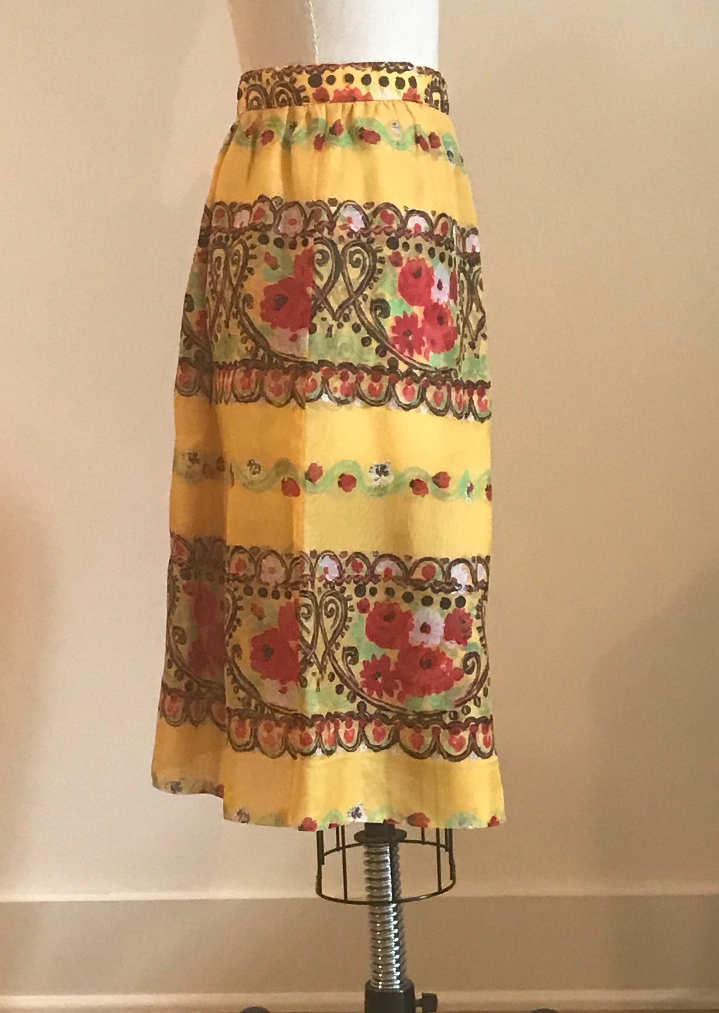Christian Lacroix Yellow Silk Heart and Floral Pattern Semi-Sheer Skirt  In Good Condition In San Francisco, CA