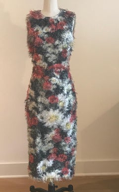 Dolce & Gabbana Fuzzy Floral Fringe Midi Sleeveless Pencil Dress