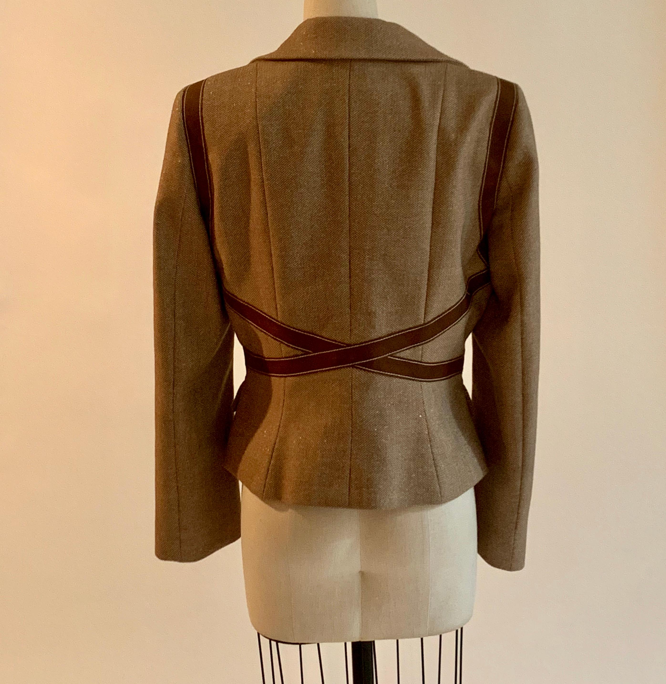 Alexander McQueen 2007 Tan Leather Trim Metallic Accent Tweed Blazer Jacket In Good Condition In San Francisco, CA