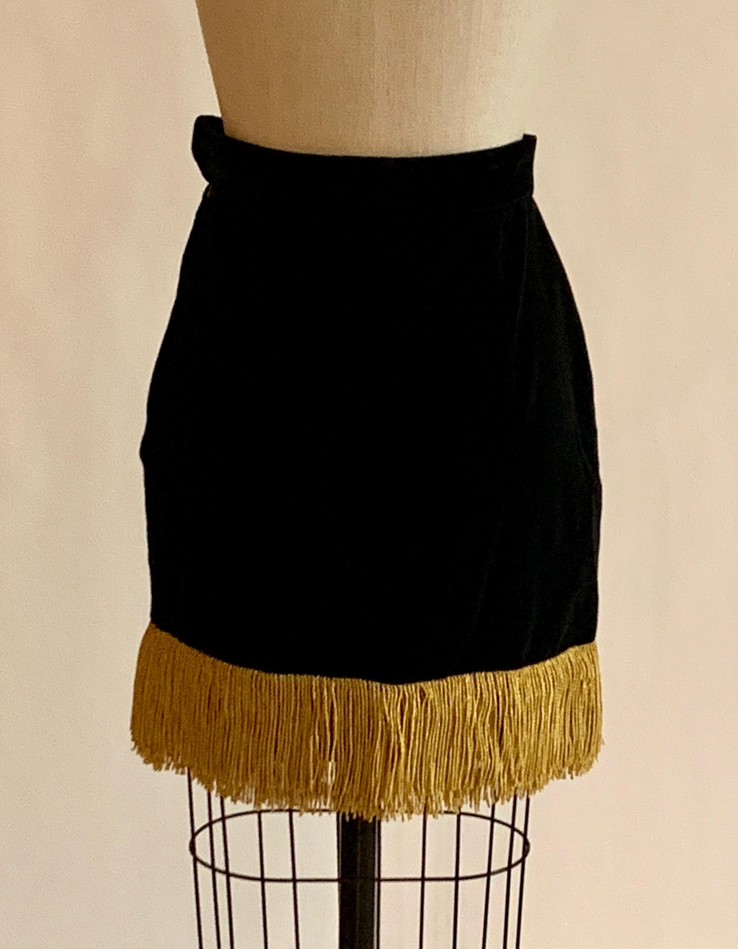 Moschino 1990s Black Velvet Pencil Skirt with Gold Fringe Trim In Good Condition In San Francisco, CA
