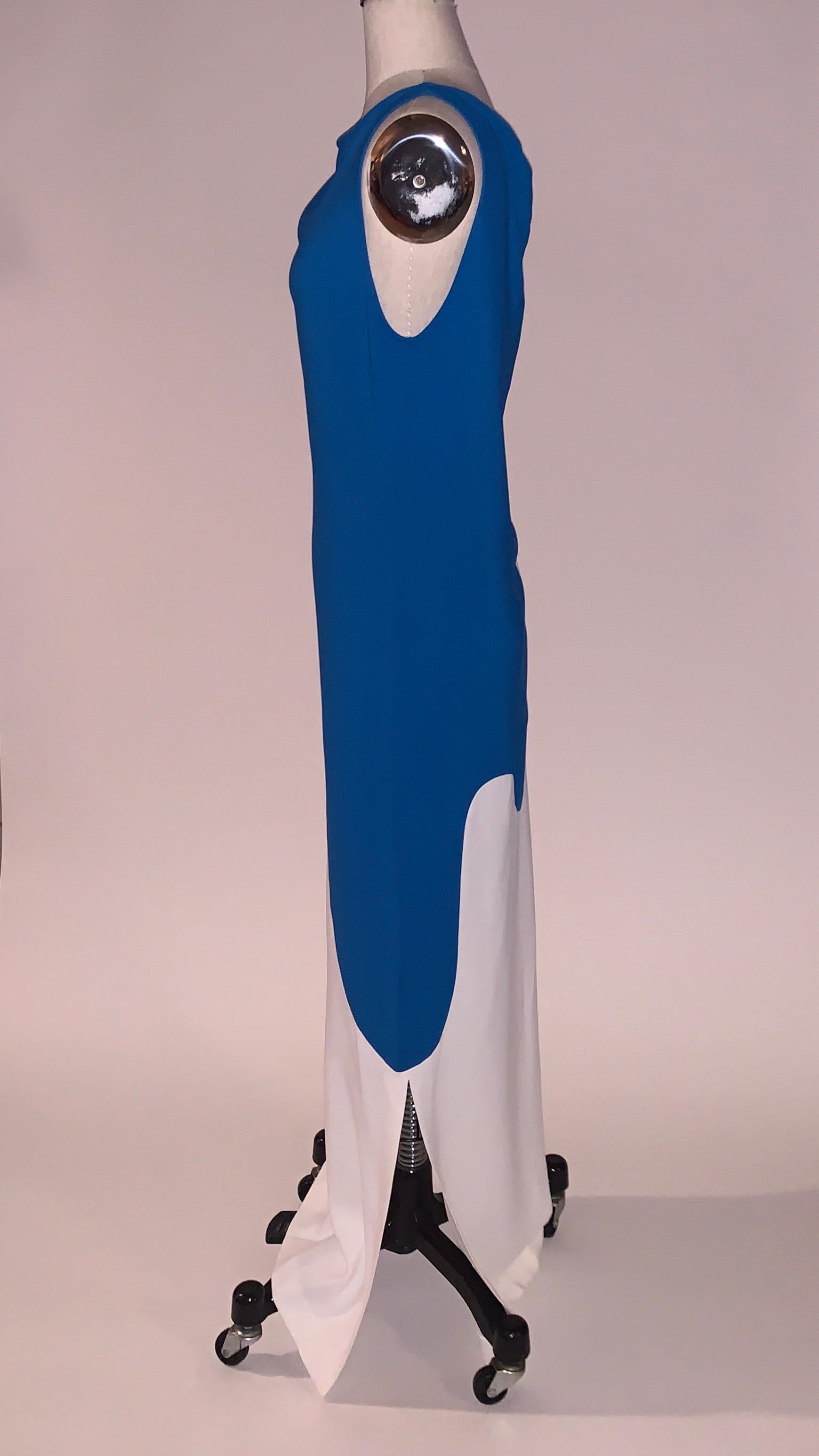 Emilio Pucci sleeveless blue and white jersey maxi column dress. Slightly loose fit at the top and more form fitting through hips. Pull-on, no zip.

95% viscose, 5% elastane.
Unlined. 

Made in Italy. 

Size IT 38, approximate US 2 or 4. See