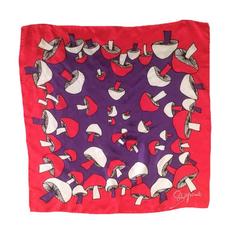 Vintage Schiaparelli 70s Red and Violet Mushroom Print Silk Scarf