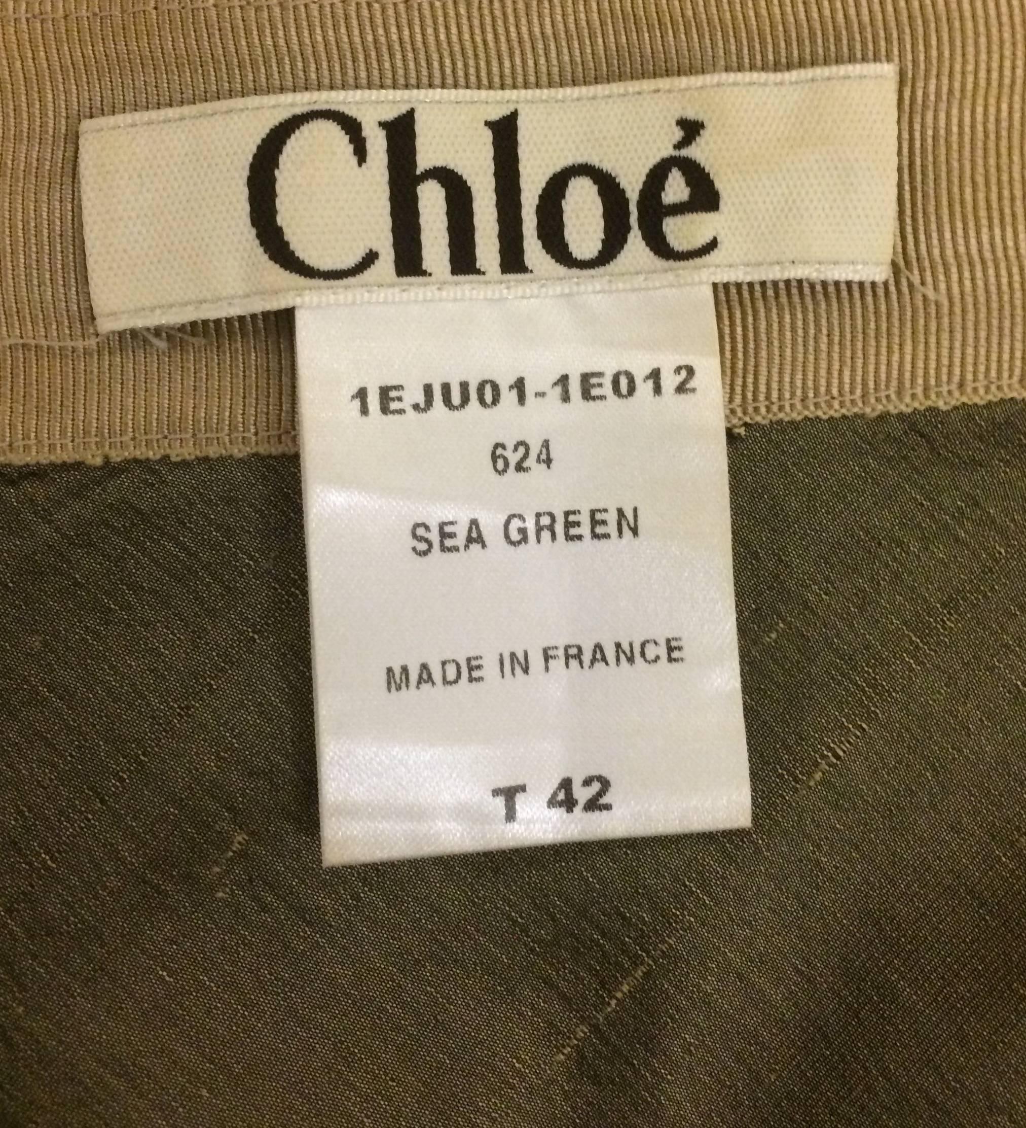 Chloe Green Silk A-Line Midi Skirt with Gold Zip Detail. In Excellent Condition In San Francisco, CA