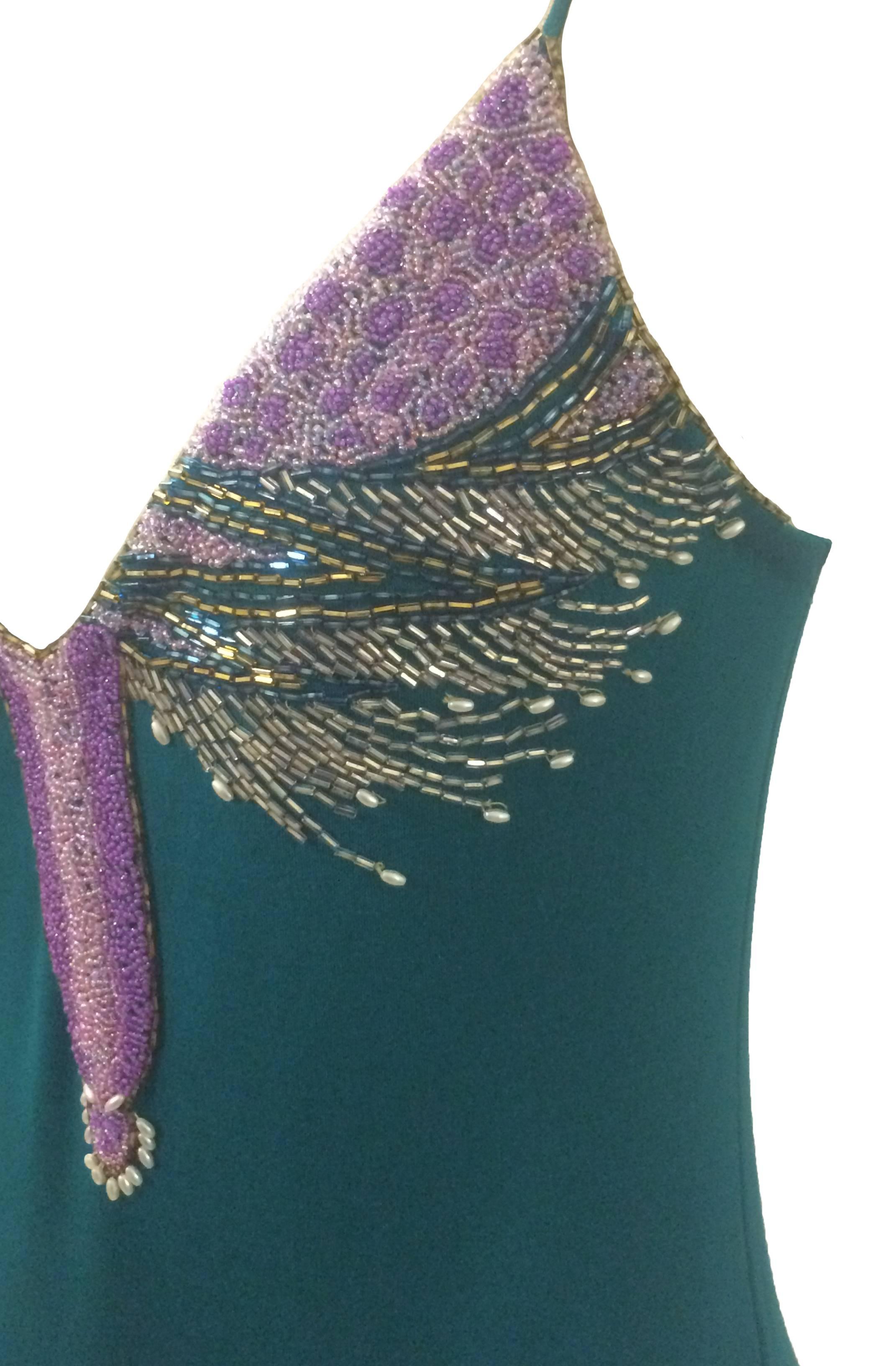 Stephen Burrows 70s Teal Beaded Assymetrical Jersey Dress  In Good Condition In San Francisco, CA