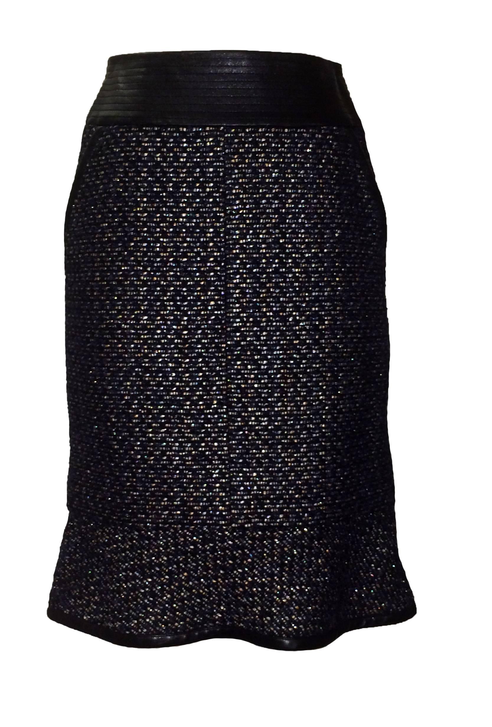 Chanel 02A with Tags Navy Metallic Boucle Skirt & Jacket Suit with Leather Trim 2