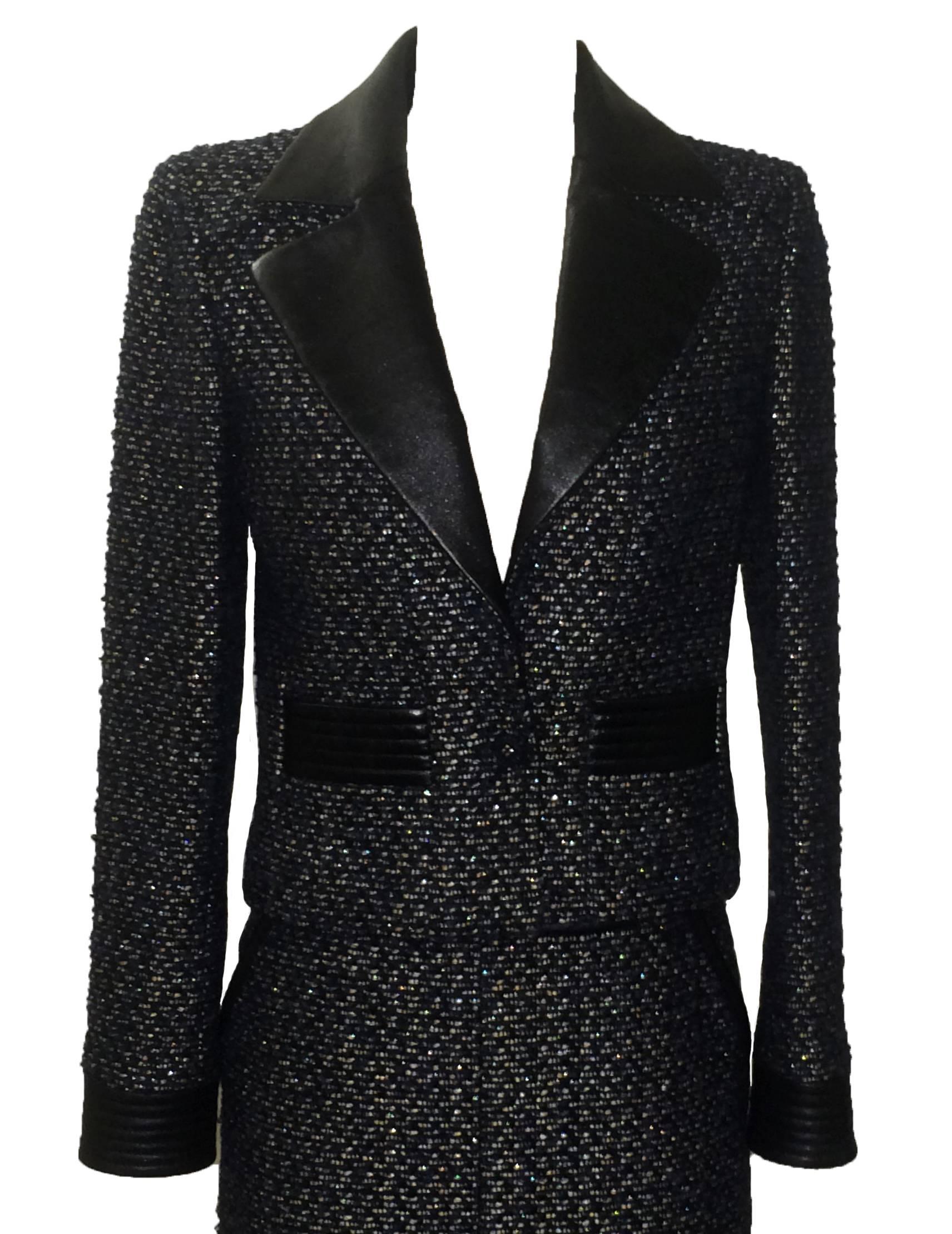 Black Chanel 02A with Tags Navy Metallic Boucle Skirt & Jacket Suit with Leather Trim