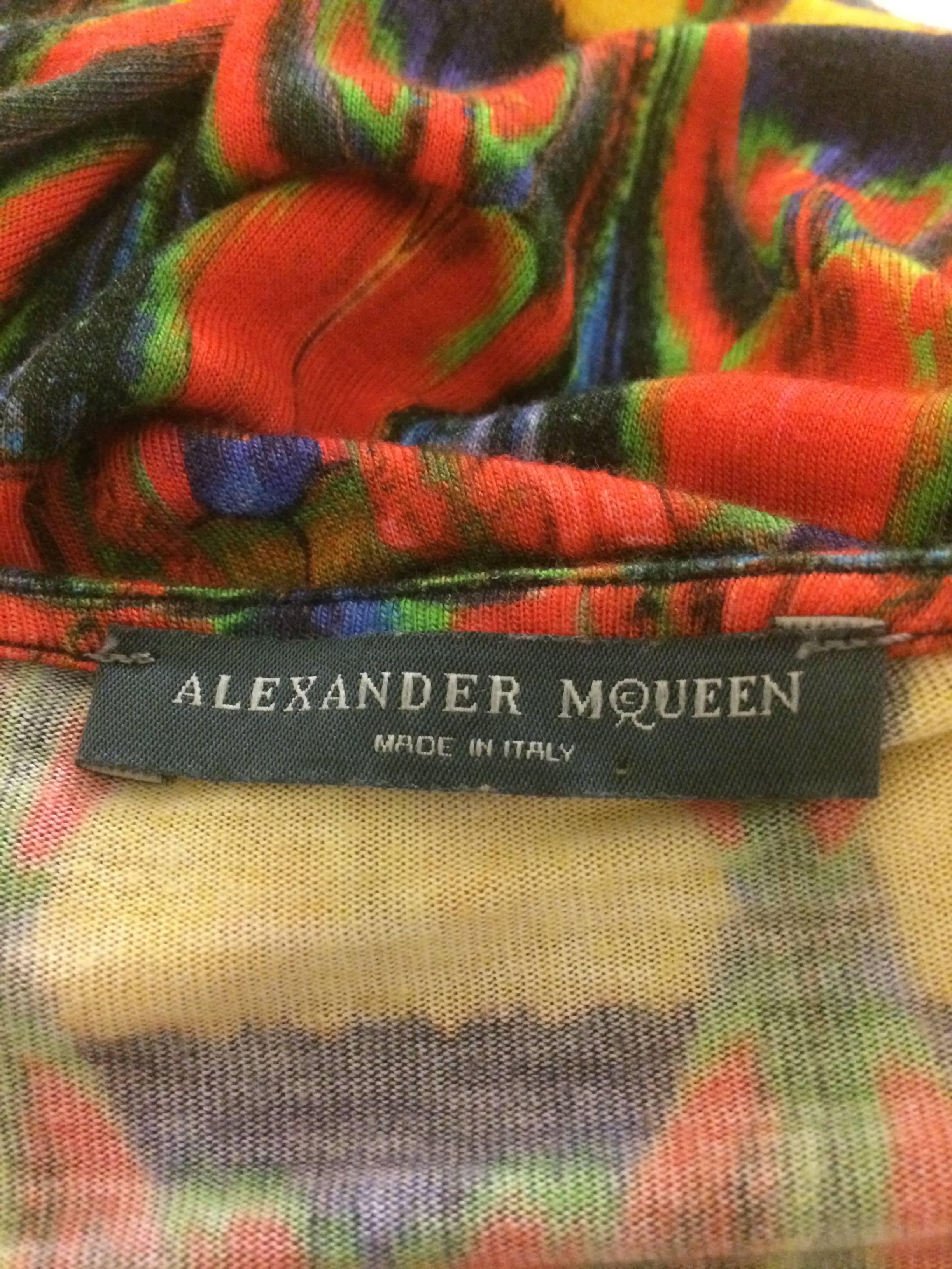 Brown Alexander McQueen Yellow and Red Feather Print Jersey Draped Dress, 2009