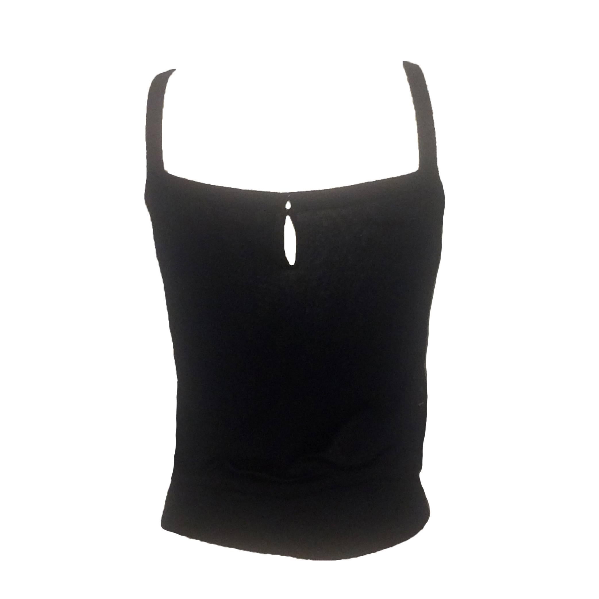 Dolce & Gabbana black sweater knit tank top with sheer lace front and keyhole at back with two branded buttons and leather-look ribbon trim at top front.

No content tag, feels like cotton blend.

Made in Italy.

Estimated size IT 40, US 4.