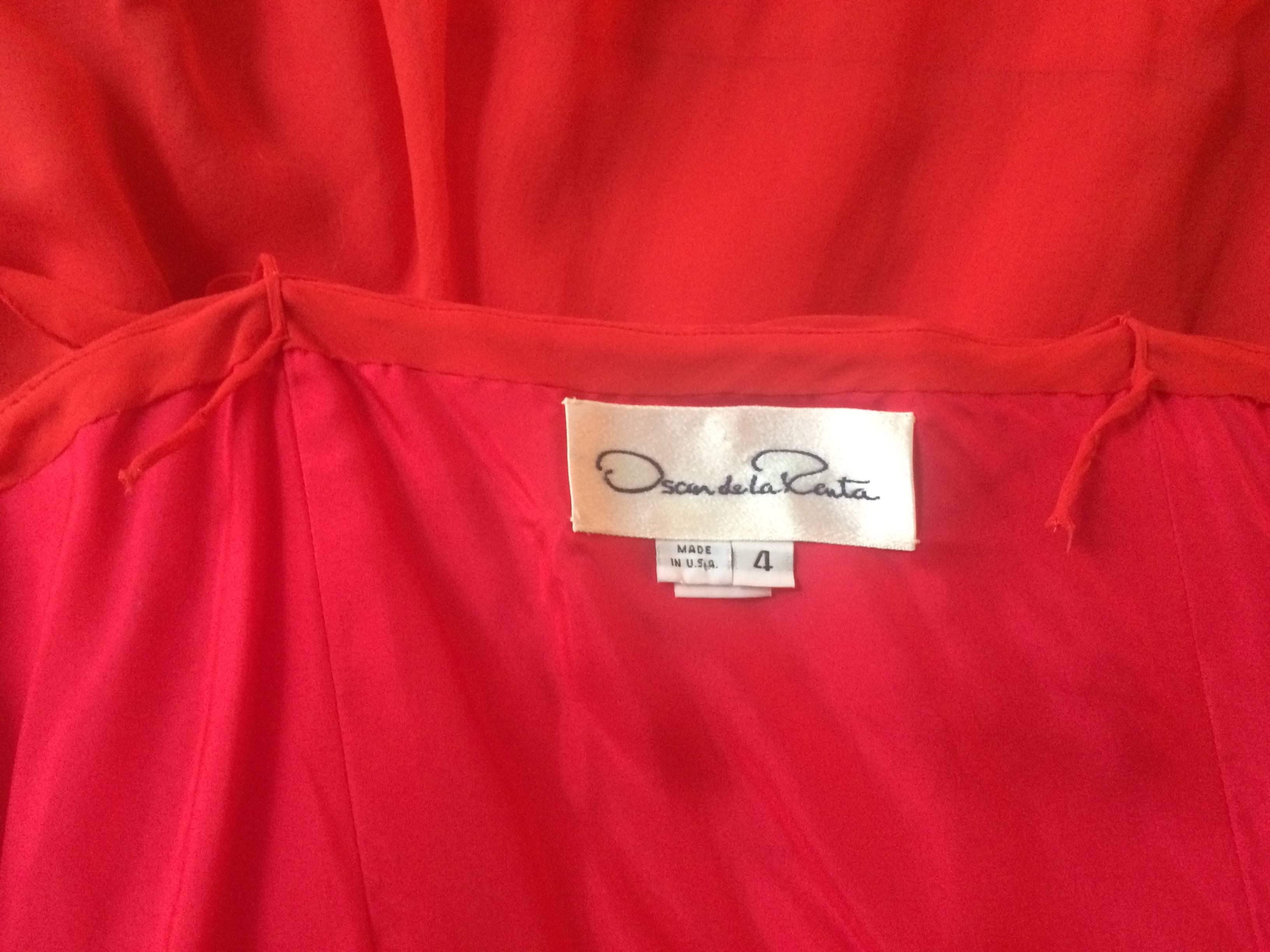 Oscar de la Renta Red Silk Chiffon Tiered Skirt Party Dress, 1990s 1