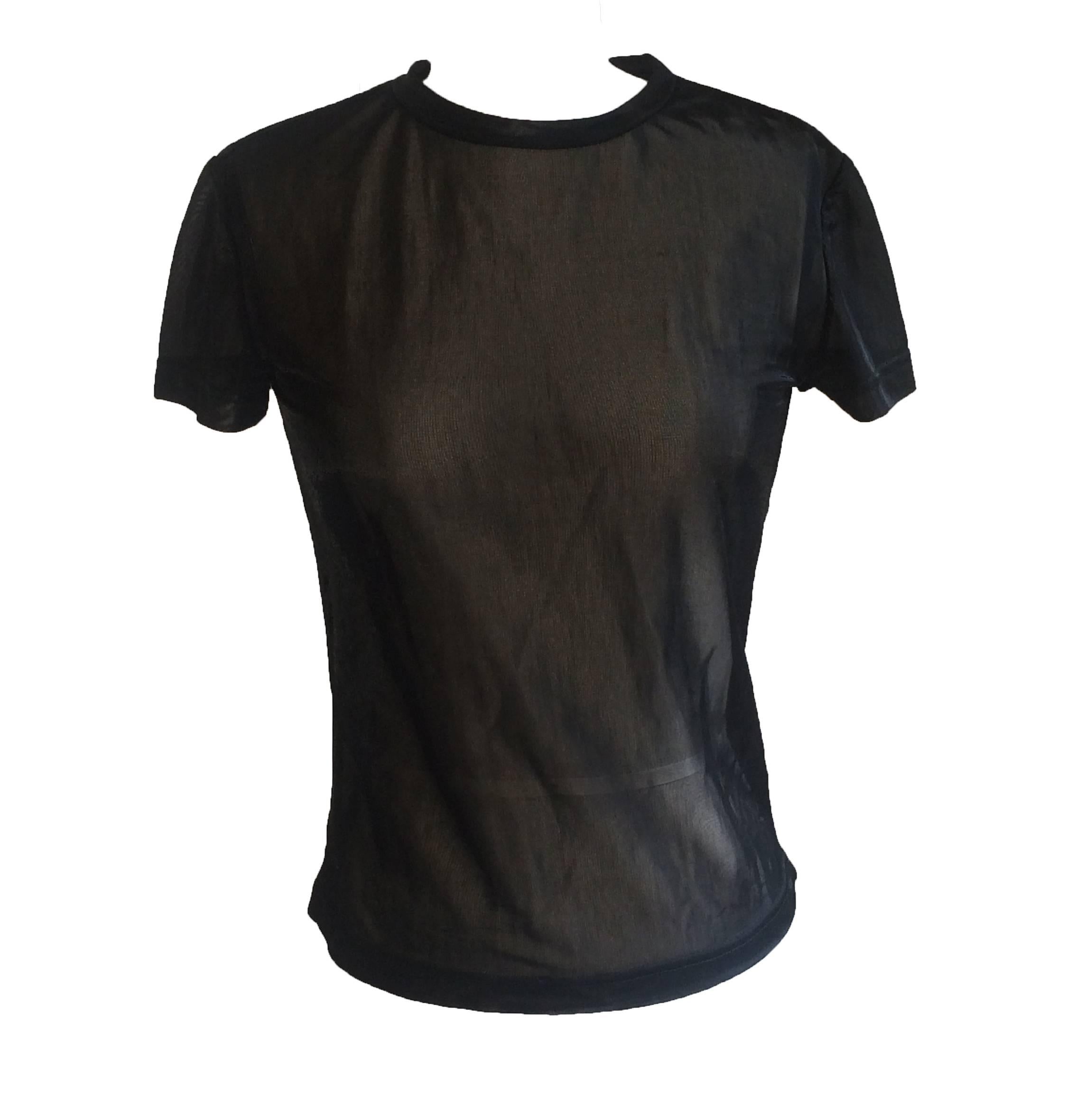 Alexander McQueen rare & iconic 'McQueen 00' black mesh t-shirt with metallic silver embroidery at back from the 2000 collection. Sheer, glossy, fine-knit mesh.

Made in Italy.

Size label removed, fits like XS/S.
Bust 32".
Waist