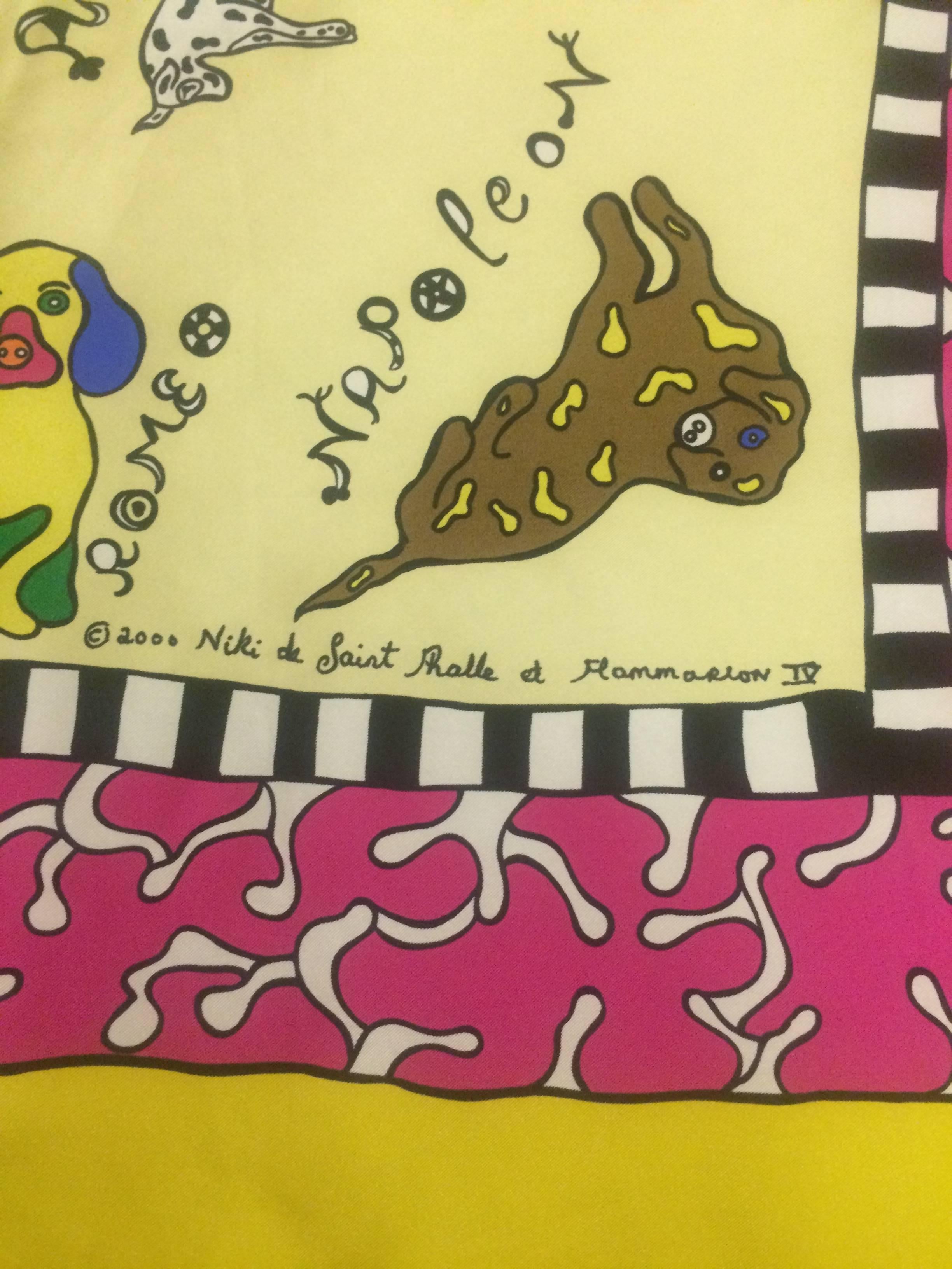 Niki de Saint Phalle silk dogs scarf featuring a variety of pets and their names. 

100% silk.

Approximately 34