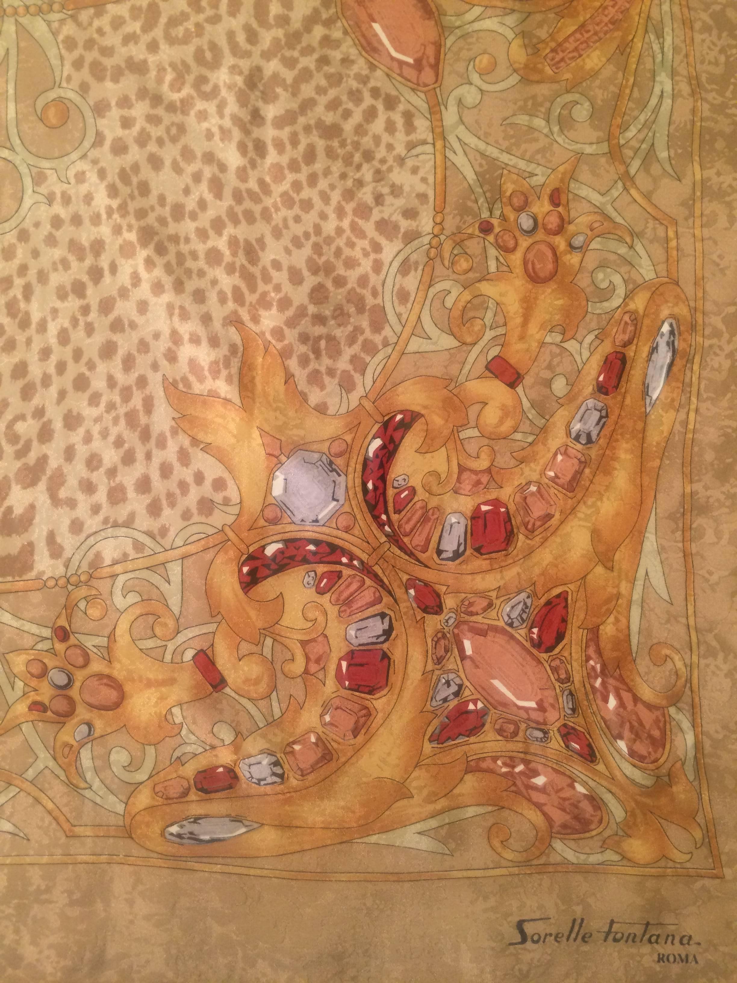 Brown Sorelle Fontana Gold Leopard and Jewel Print Silk Scarf
