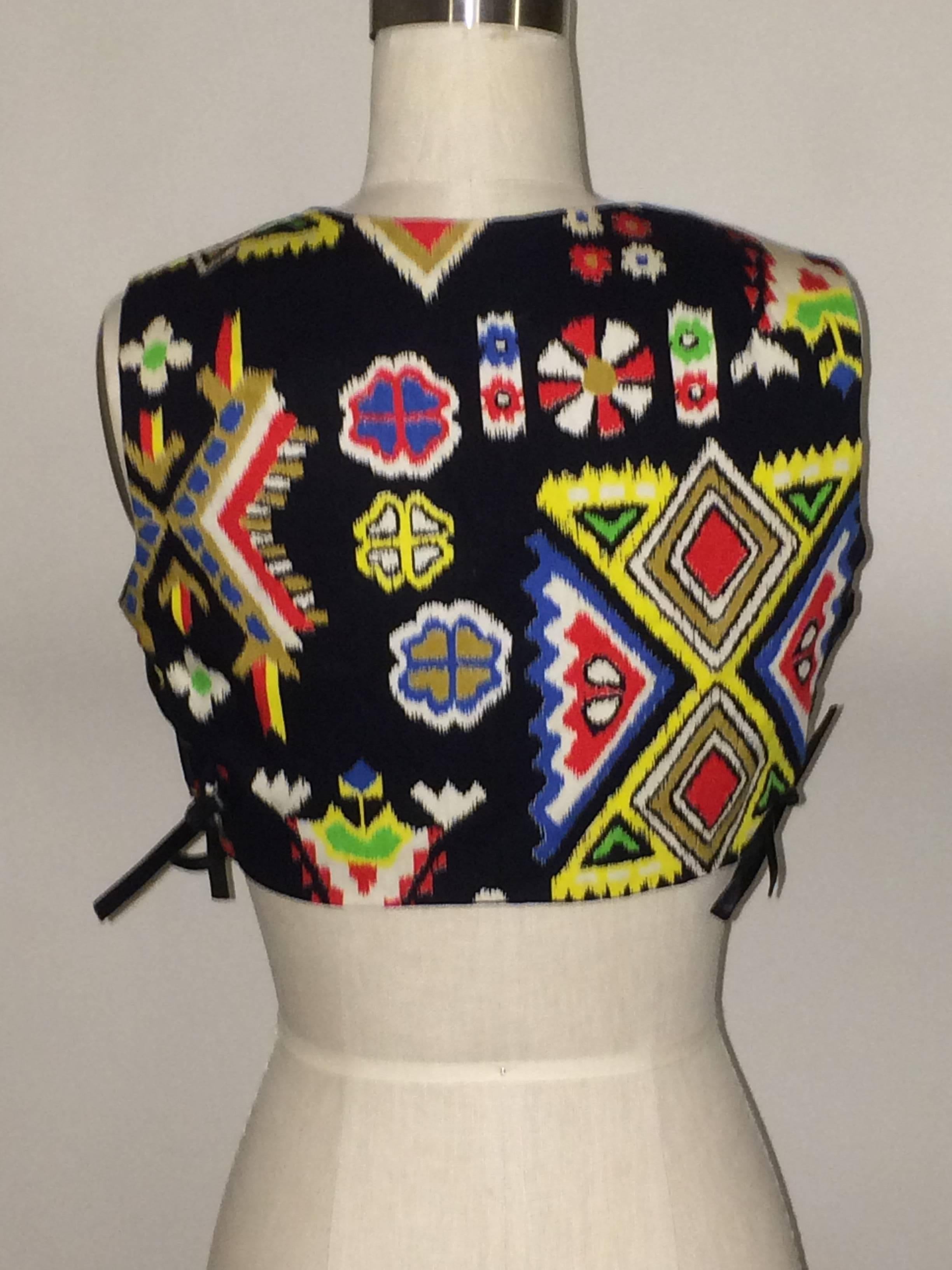 Black Oscar de la Renta Boutique Vintage 1970s Cropped Ethnic Print Vest