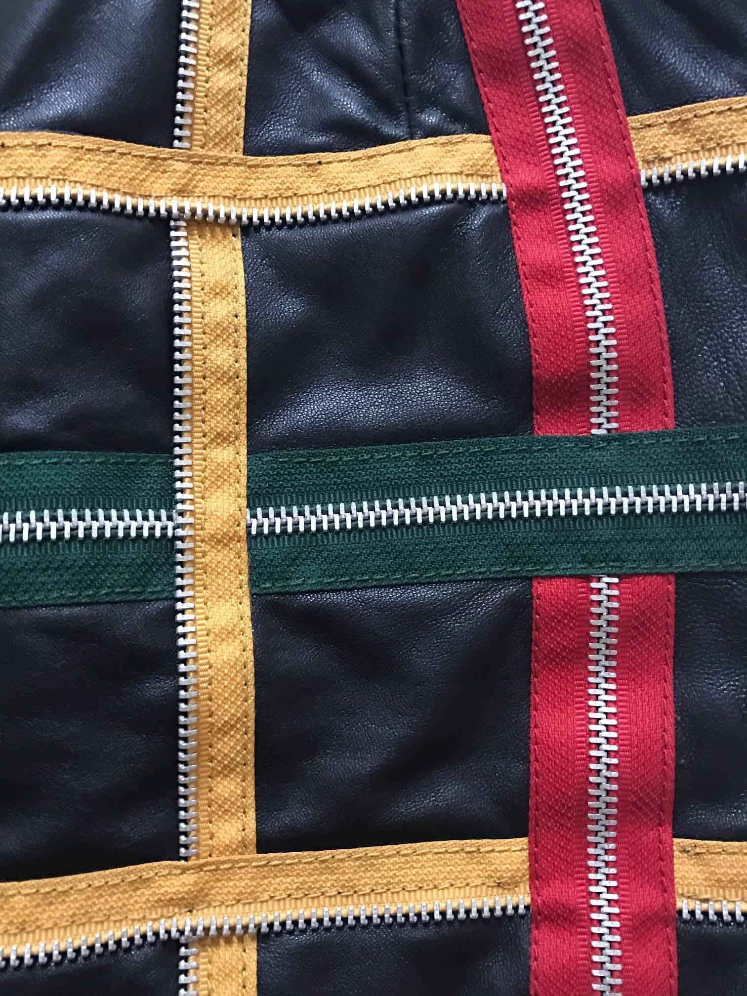 Moschino Vintage 1980s Black Leather Mini Skirt with Red Yellow Green Zippers In Excellent Condition In San Francisco, CA