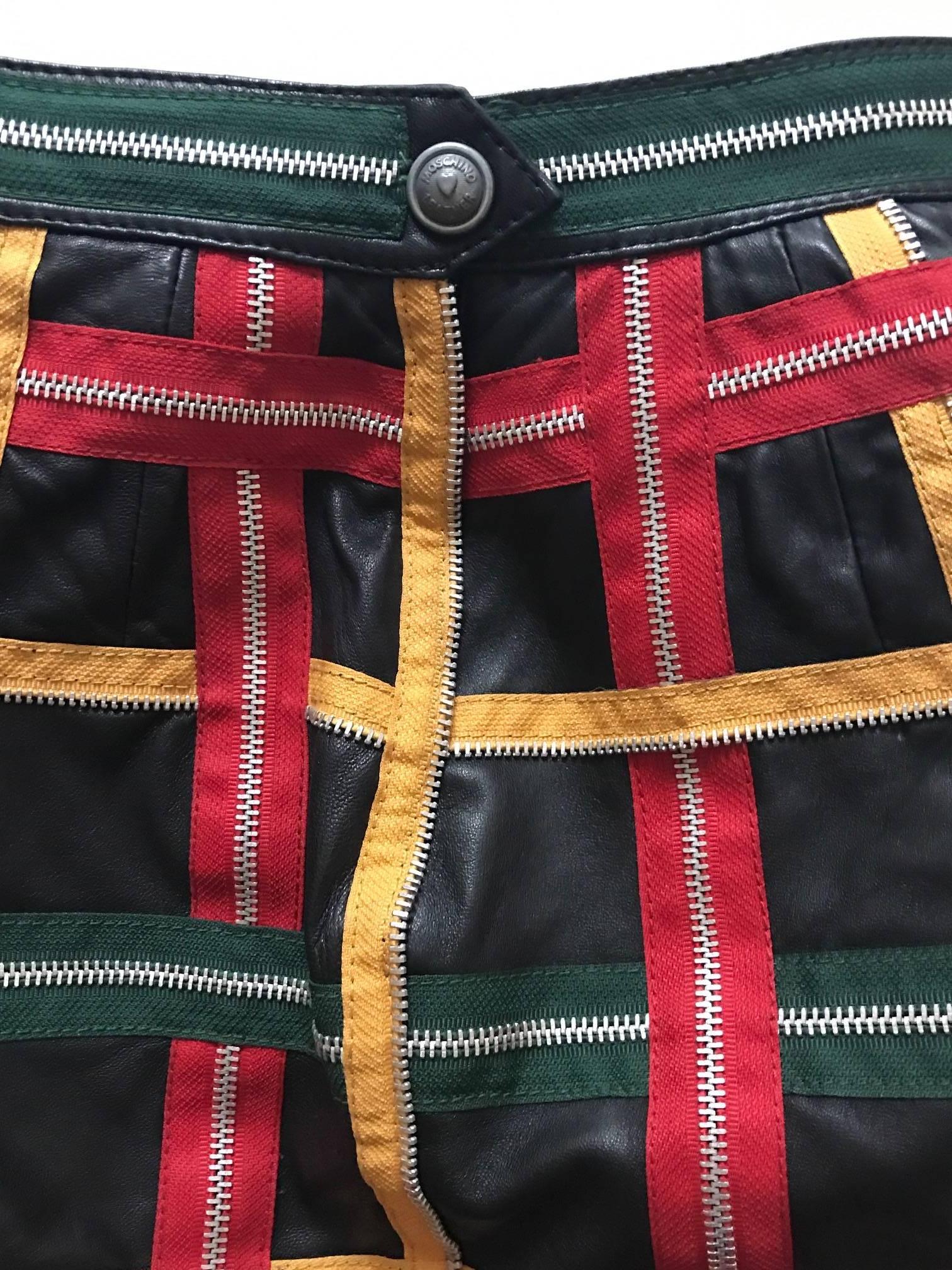 Moschino Vintage 1980s Black Leather Mini Skirt with Red Yellow Green Zippers 1