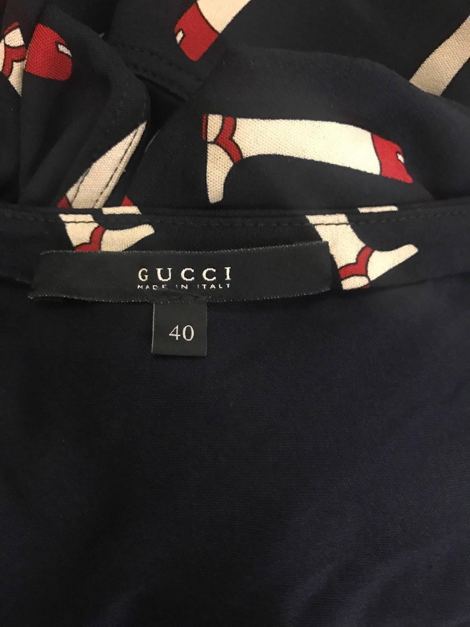 Women's Gucci Navy Equestrian Boot Print Silk Wrap Dress with Silver Horsebit Charms