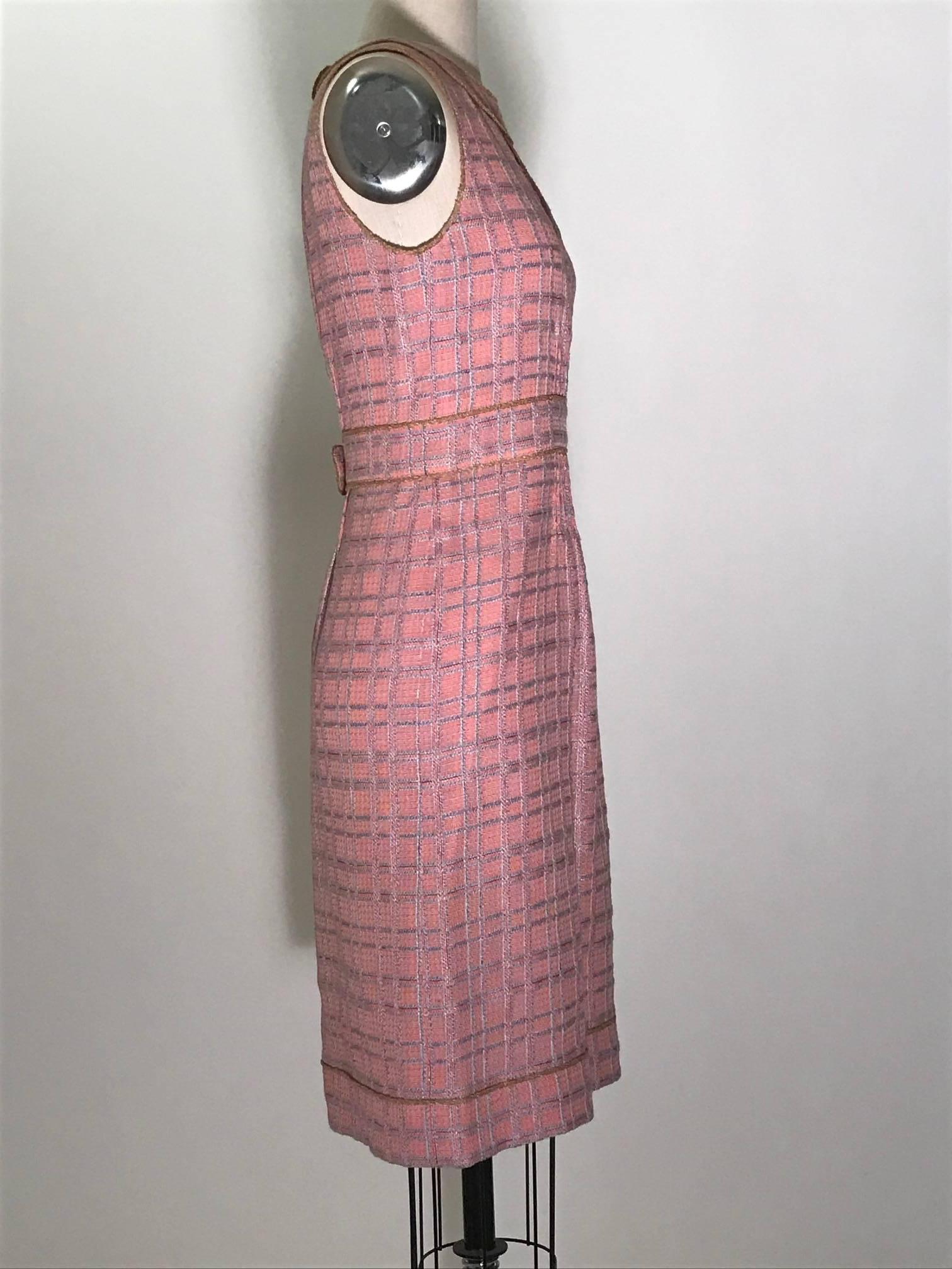 Beige Chanel 2004 Pink and Blue Plaid Tweed Pencil Dress
