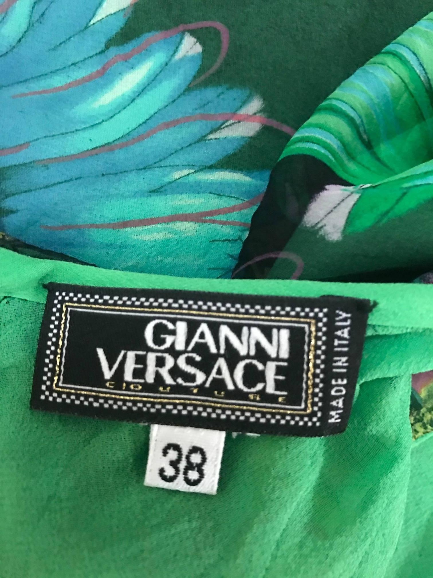 Black Gianni Versace Couture Green Flower Daisy Fishtail Back Chiffon Dress, 1990s 