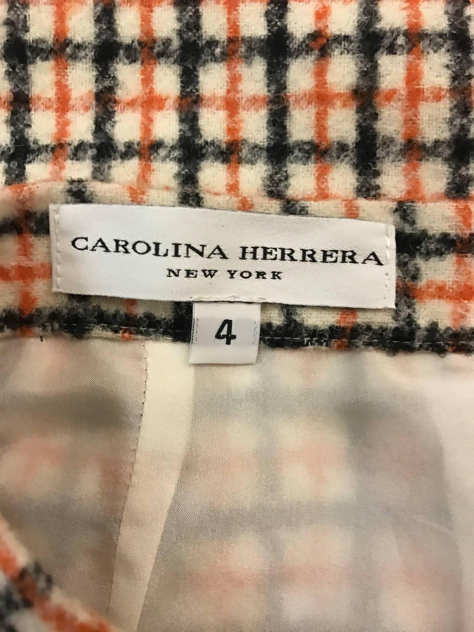Carolina Herrera Orange White and Navy Blue Plaid Wool Pencil Skirt In Excellent Condition In San Francisco, CA