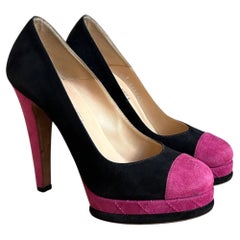 Chanel Black and Fuchsia Suede Cap Toe Pumps with CC Logo High Heel Shoe