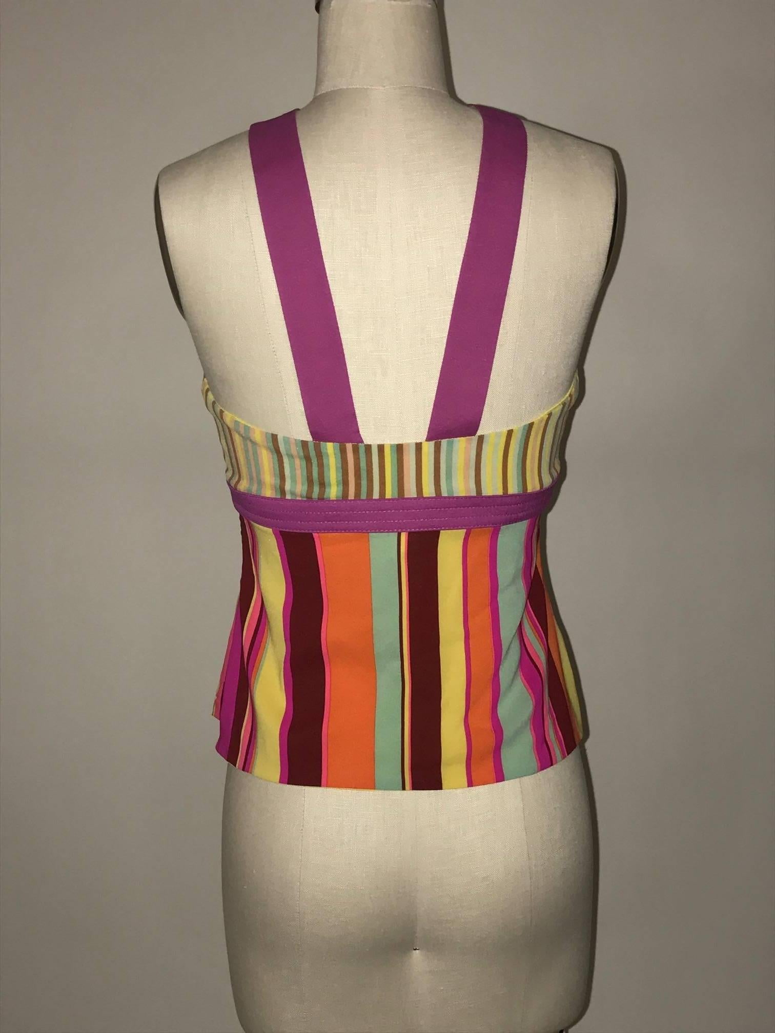 Gianni Versace Couture 1990s multi color striped tank top with magenta colored harness halter detail. Side zip. 

93% silk, 7% elastane.
Fully lined.

Made in Italy

Size IT 42, US 6, fits more like modern 2, see measurements.
Bust 29".
Waist