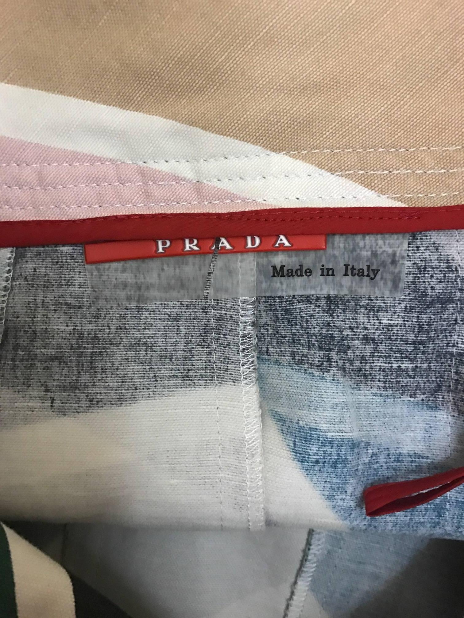 Prada Cream Green and Pink Geometric Print Pleated Cotton Linen Skirt In Good Condition In San Francisco, CA